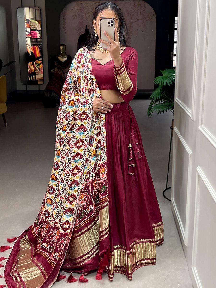 Cute Maroon Gaji Silk Wedding Lehenga Choli With Bandhani Dupatta - Zeel Clothing