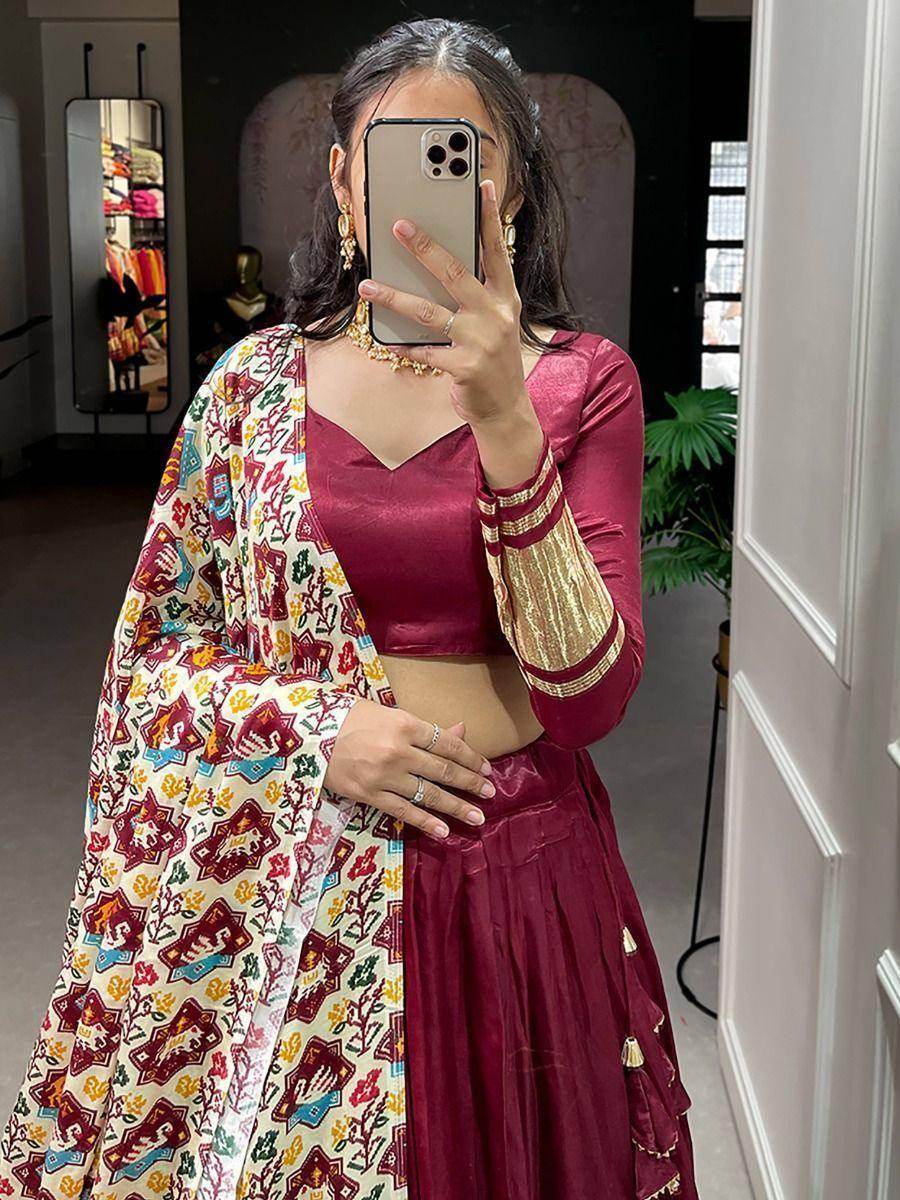 Cute Maroon Gaji Silk Wedding Lehenga Choli With Bandhani Dupatta - Zeel Clothing