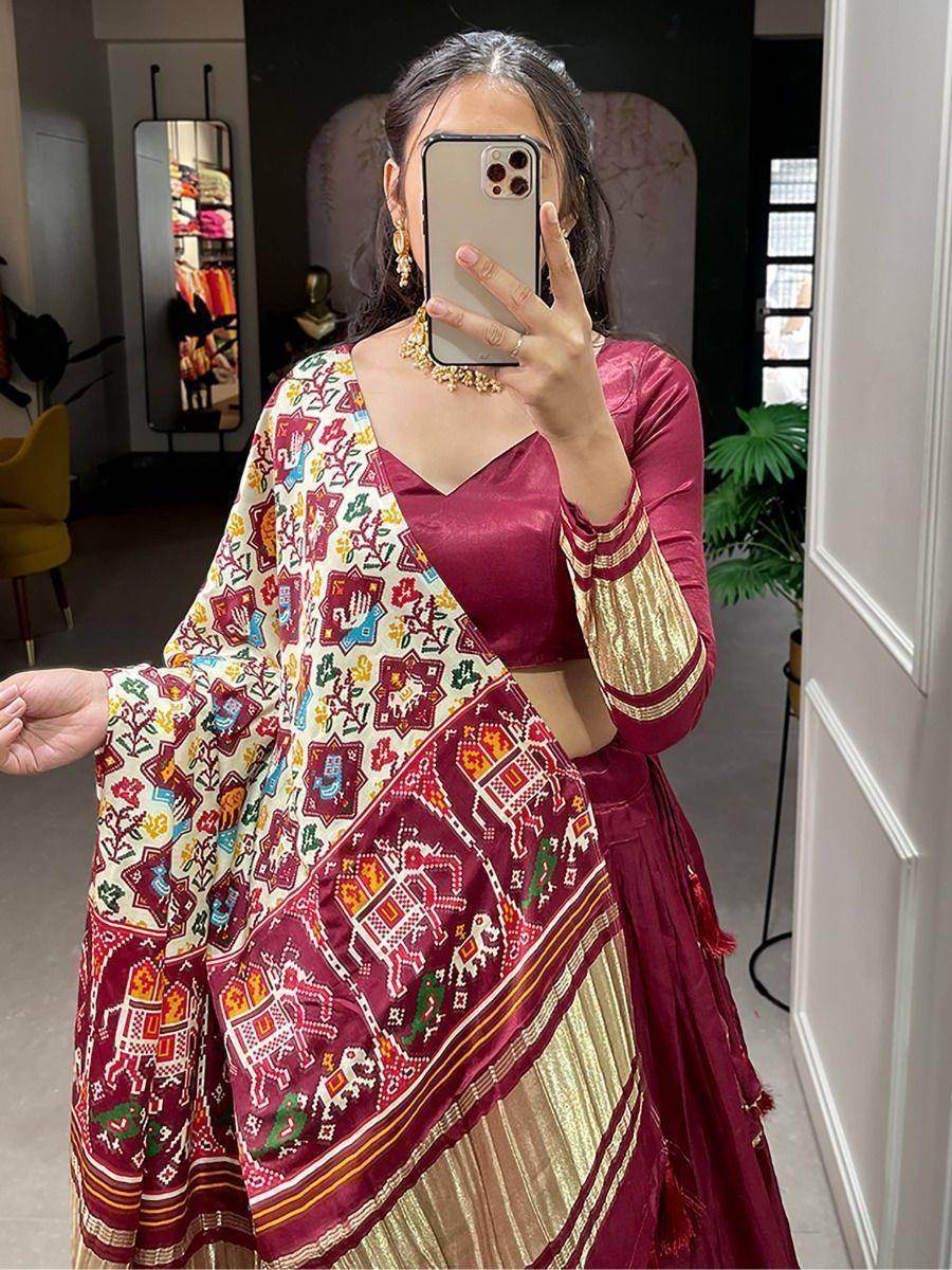 Cute Maroon Gaji Silk Wedding Lehenga Choli With Bandhani Dupatta - Zeel Clothing