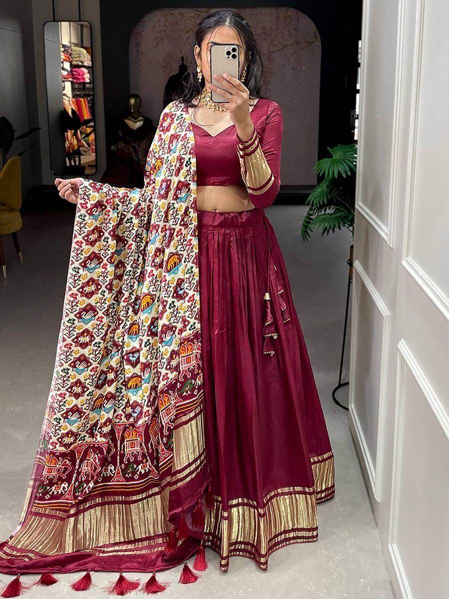 Cute Maroon Gaji Silk Wedding Lehenga Choli With Bandhani Dupatta - Zeel Clothing