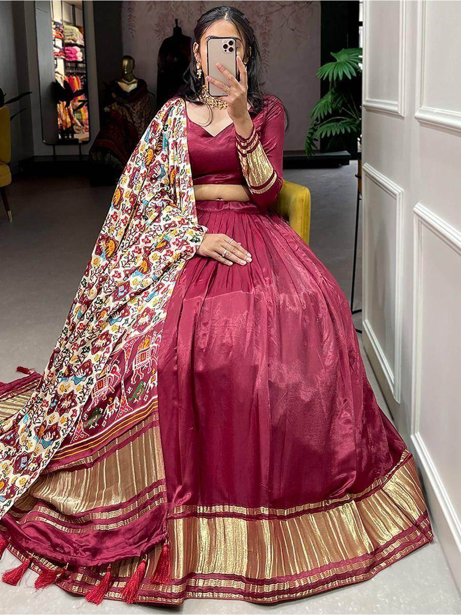 Cute Maroon Gaji Silk Wedding Lehenga Choli With Bandhani Dupatta - Zeel Clothing