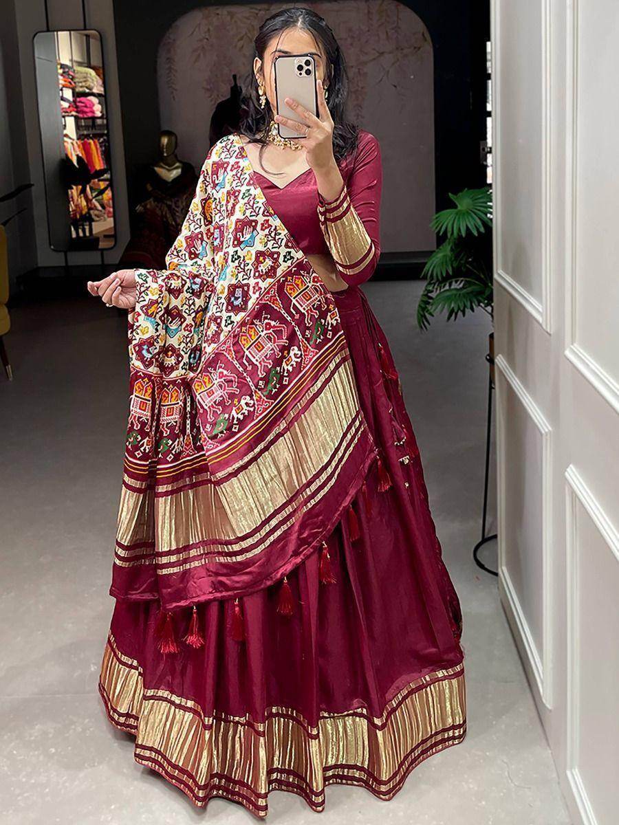 Cute Maroon Gaji Silk Wedding Lehenga Choli With Bandhani Dupatta - Zeel Clothing