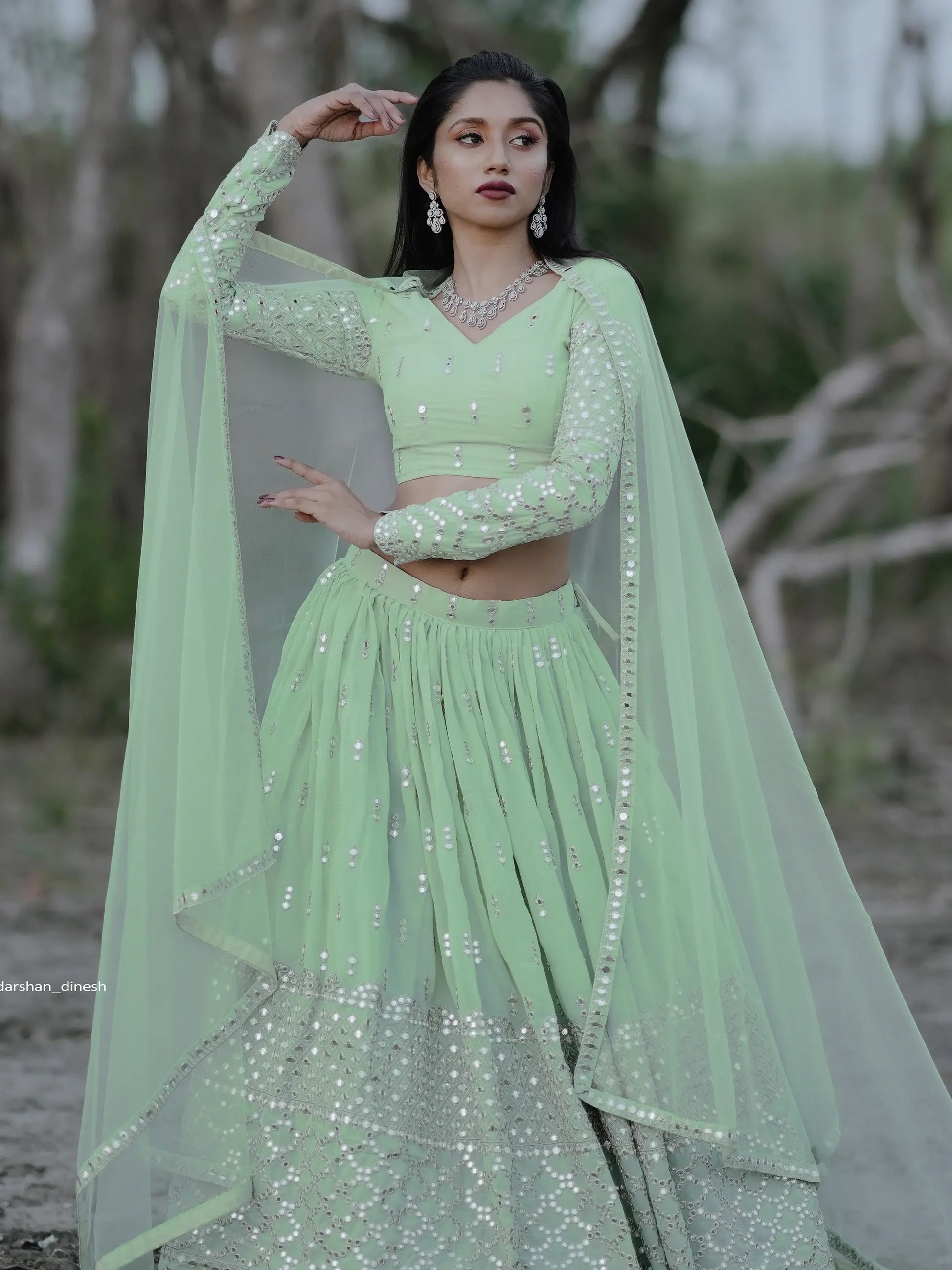 Cute Pastel Green Sequins Georgette Engagement Wear Lehenga Choli - Zeel Clothing