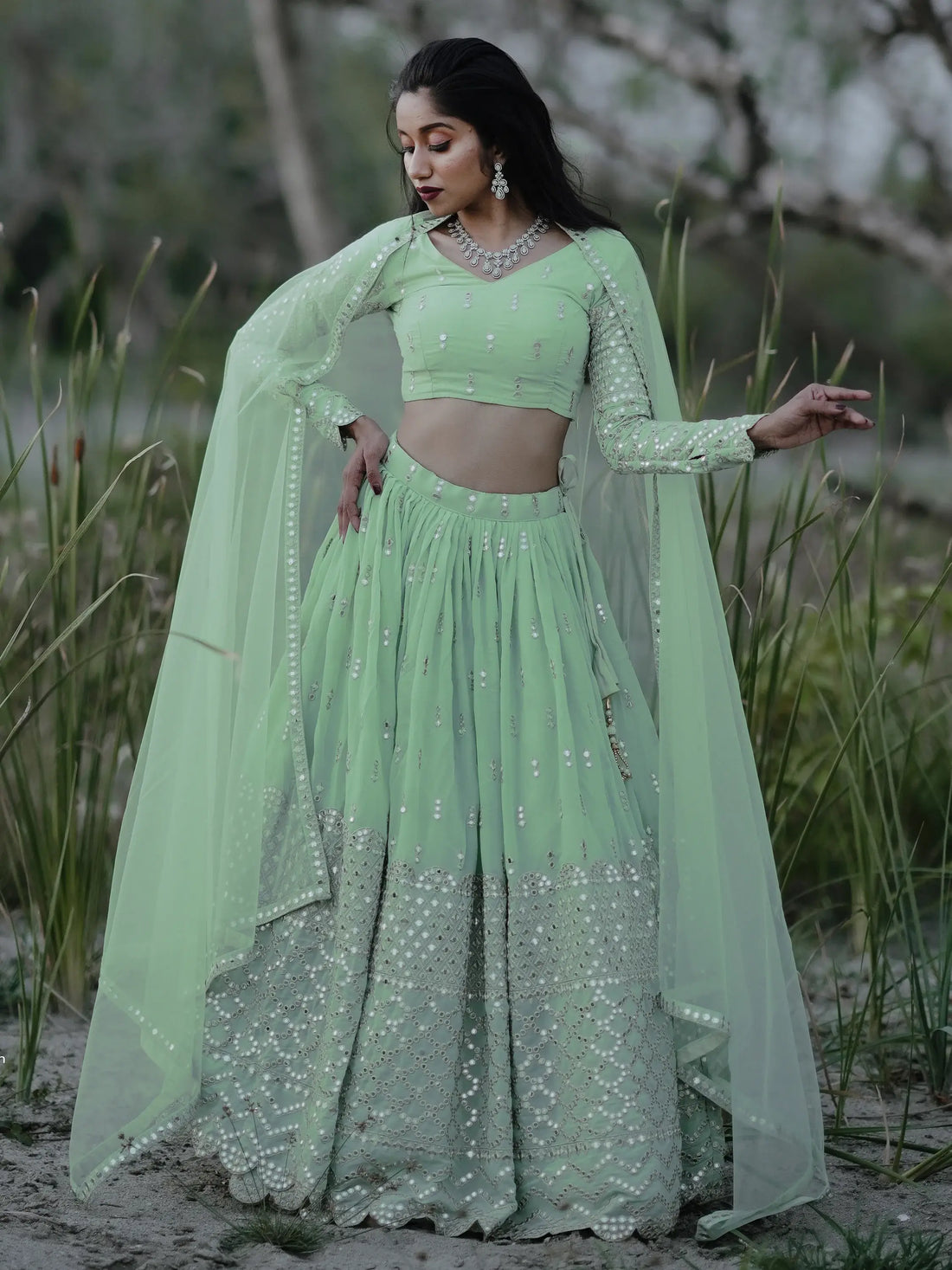 Cute Pastel Green Sequins Georgette Engagement Wear Lehenga Choli - Zeel Clothing