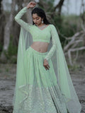Cute Pastel Green Sequins Georgette Engagement Wear Lehenga Choli - Zeel Clothing