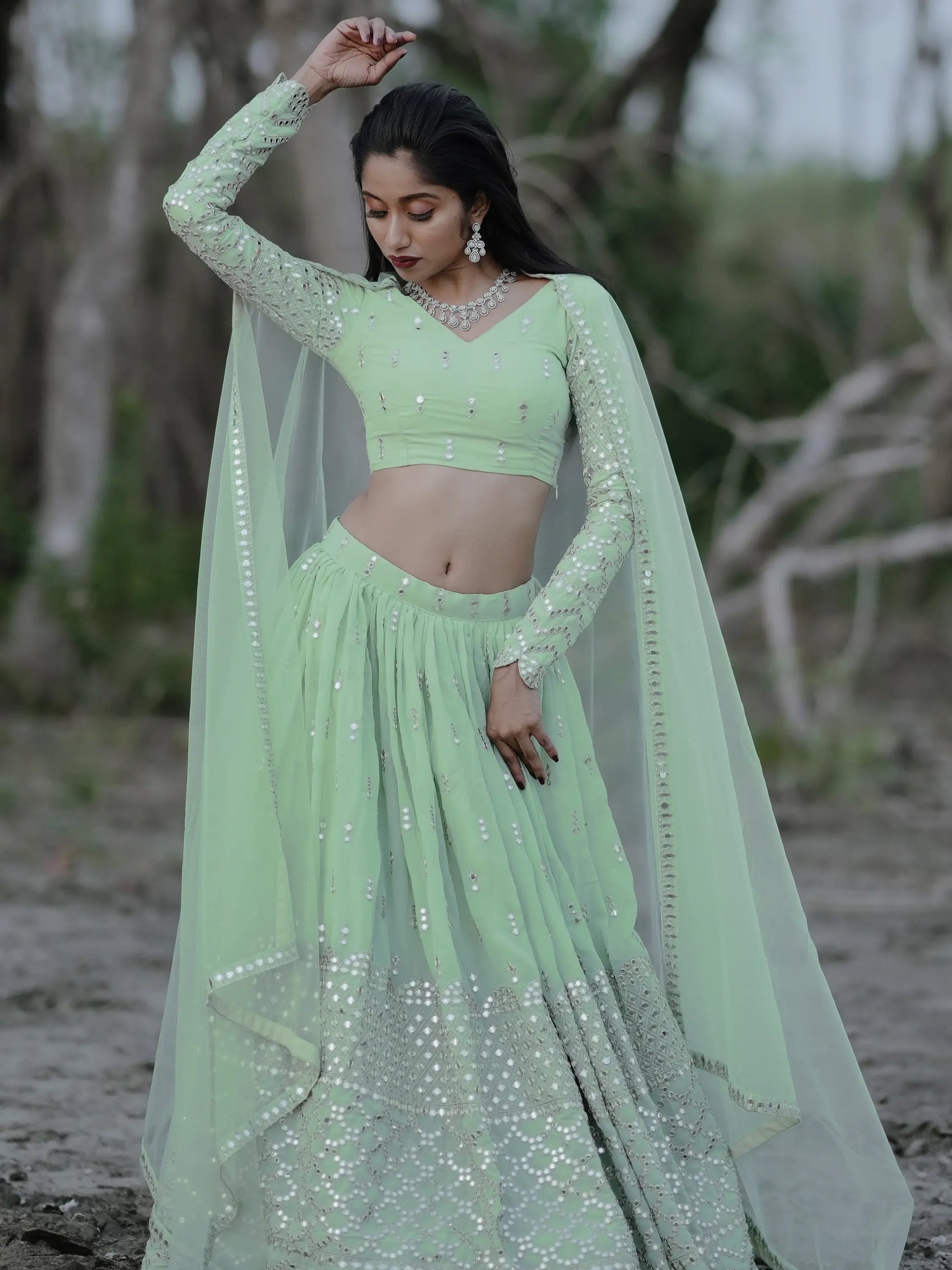 Cute Pastel Green Sequins Georgette Engagement Wear Lehenga Choli - Zeel Clothing