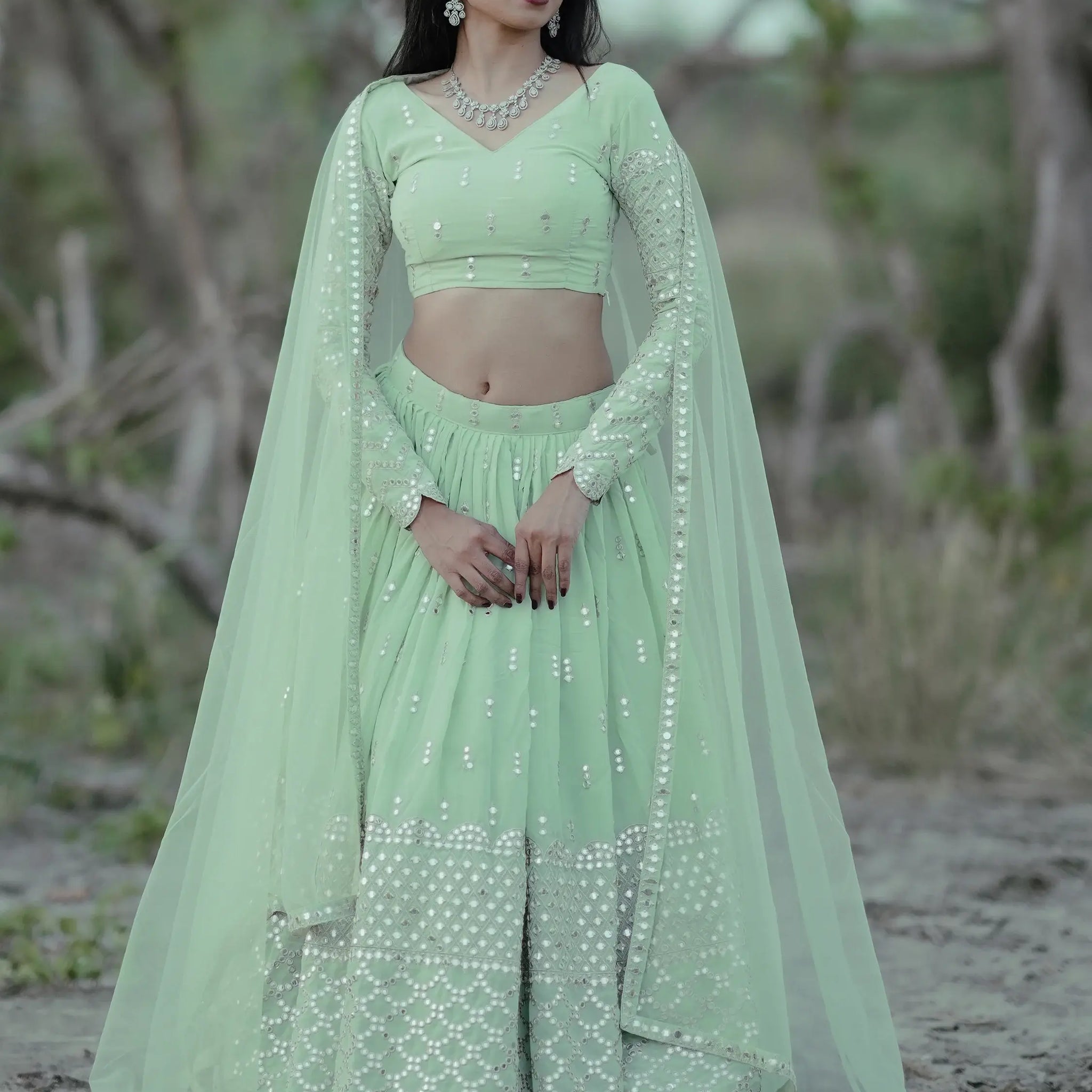 Cute Pastel Green Sequins Georgette Engagement Wear Lehenga Choli - Zeel Clothing