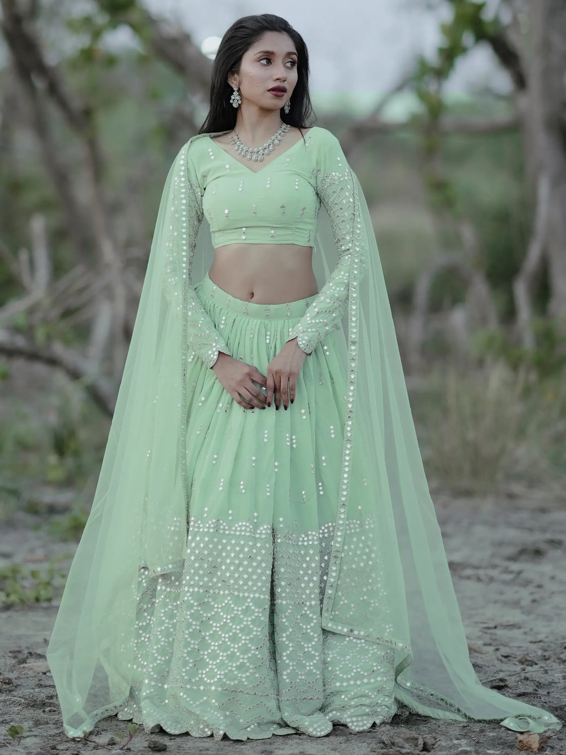 Cute Pastel Green Sequins Georgette Engagement Wear Lehenga Choli - Zeel Clothing
