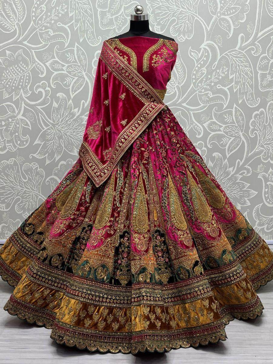 Cute Rani Pink Velvet Bridal Lehenga Choli With Double Dupatta - Zeel Clothing