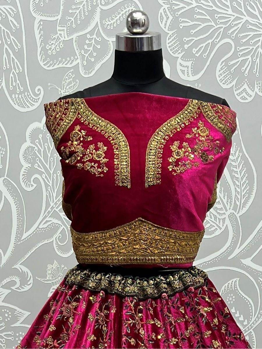 Cute Rani Pink Velvet Bridal Lehenga Choli With Double Dupatta - Zeel Clothing