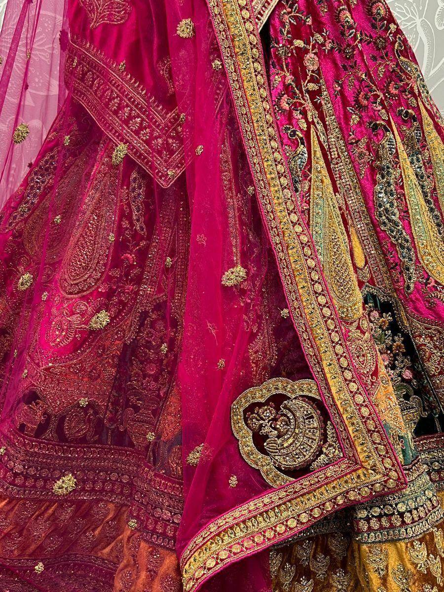 Cute Rani Pink Velvet Bridal Lehenga Choli With Double Dupatta - Zeel Clothing