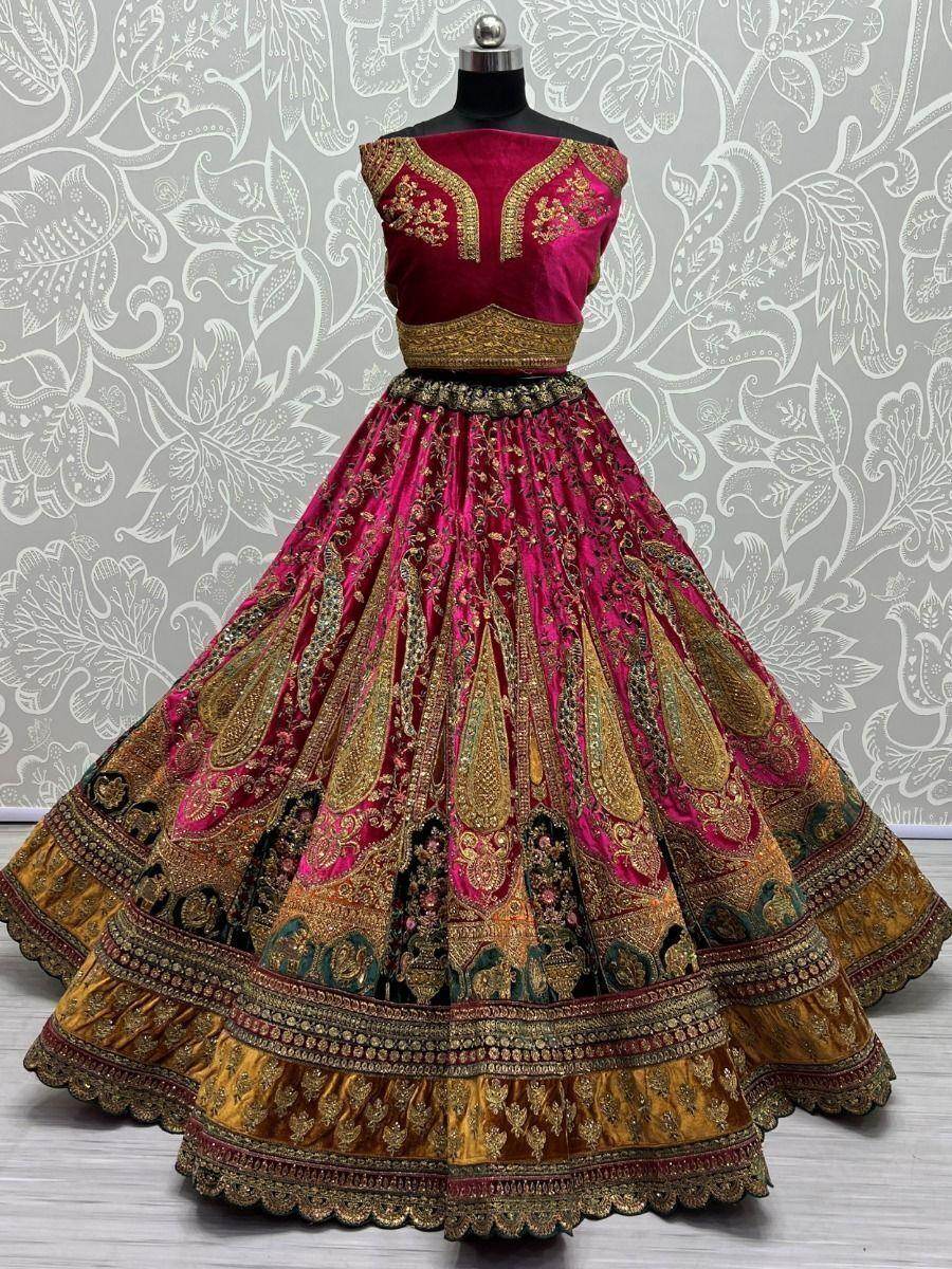 Cute Rani Pink Velvet Bridal Lehenga Choli With Double Dupatta - Zeel Clothing