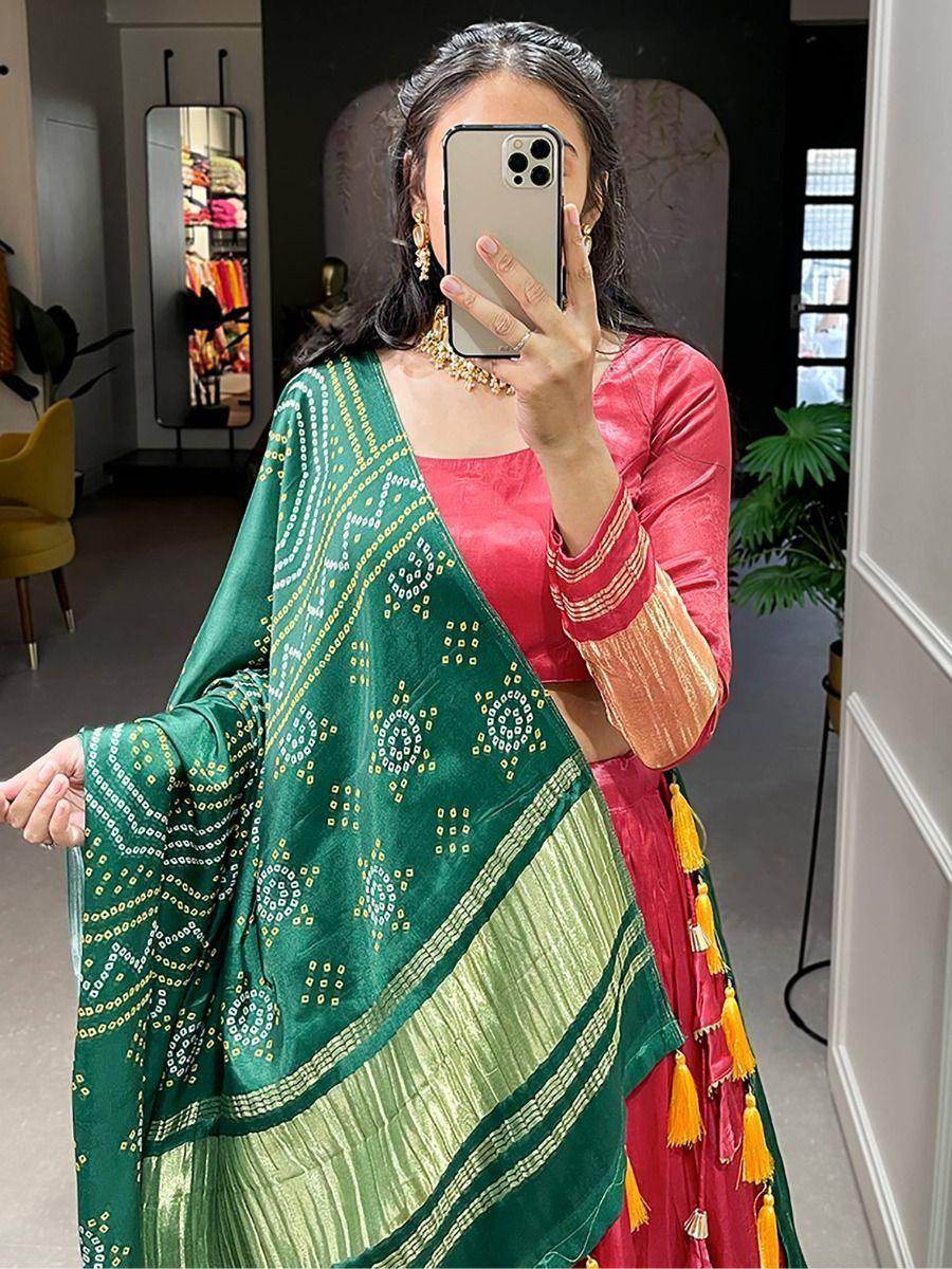 Cute Red Gaji Silk Traditional Lehenga Choli With Bandhani Dupatta - Zeel Clothing
