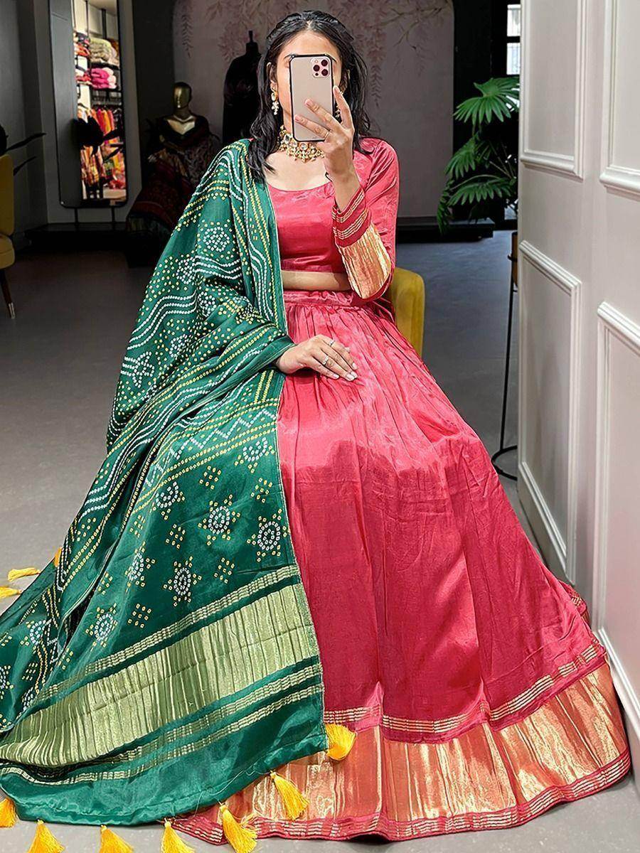 Cute Red Gaji Silk Traditional Lehenga Choli With Bandhani Dupatta - Zeel Clothing