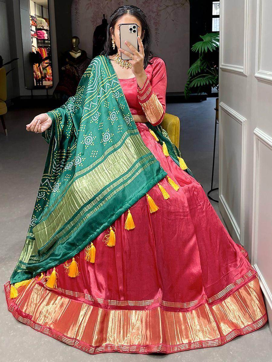 Cute Red Gaji Silk Traditional Lehenga Choli With Bandhani Dupatta - Zeel Clothing