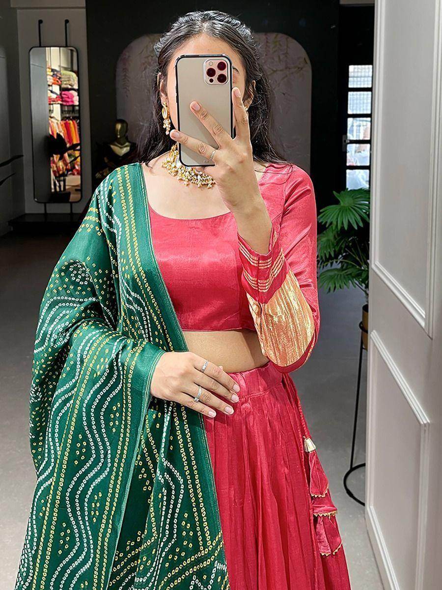 Cute Red Gaji Silk Traditional Lehenga Choli With Bandhani Dupatta - Zeel Clothing