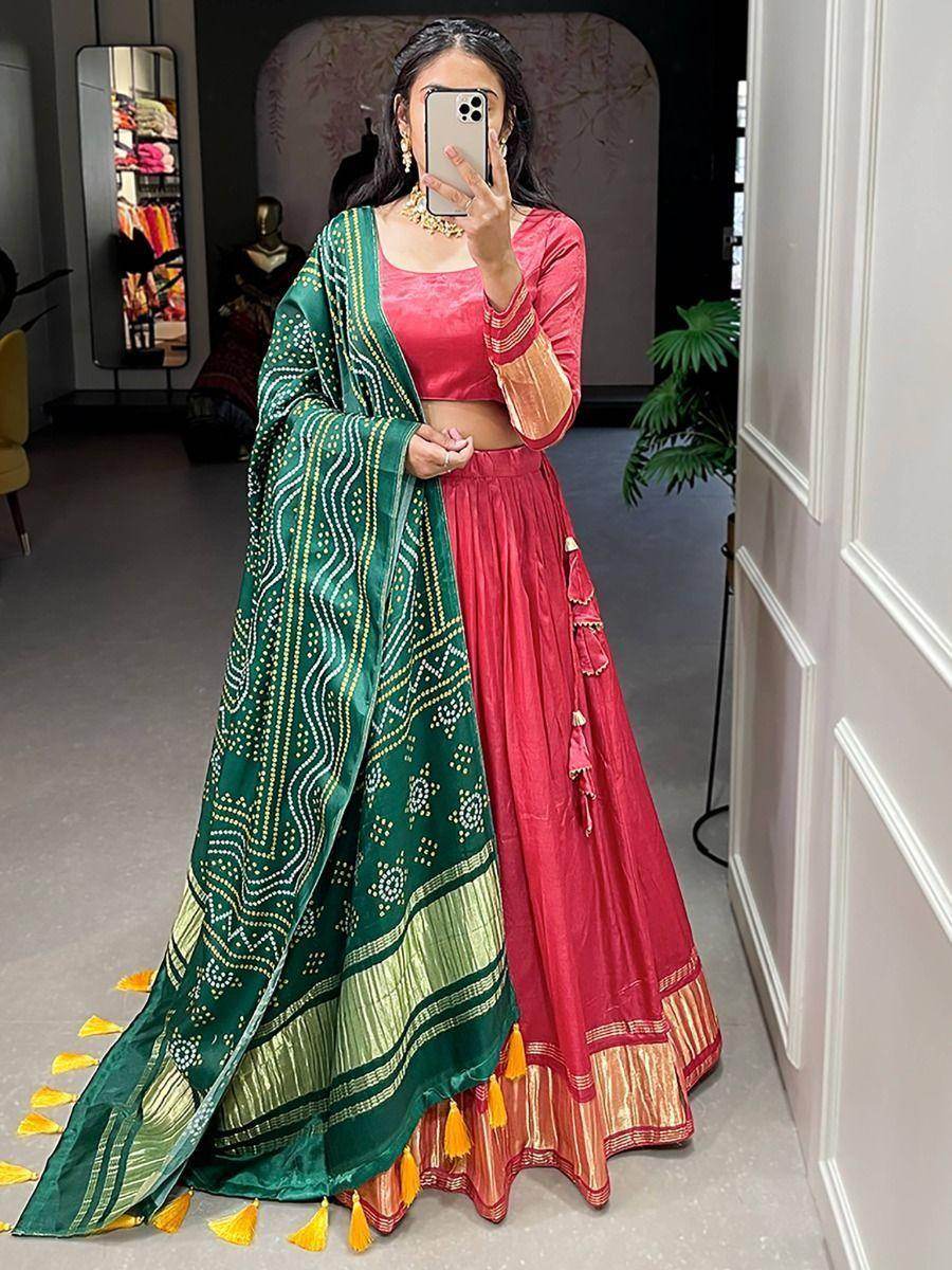 Cute Red Gaji Silk Traditional Lehenga Choli With Bandhani Dupatta - Zeel Clothing