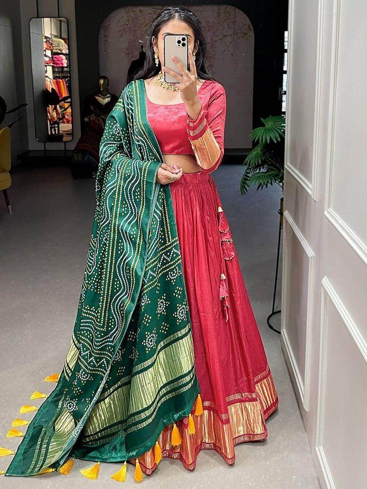Cute Red Gaji Silk Traditional Lehenga Choli With Bandhani Dupatta - Zeel Clothing