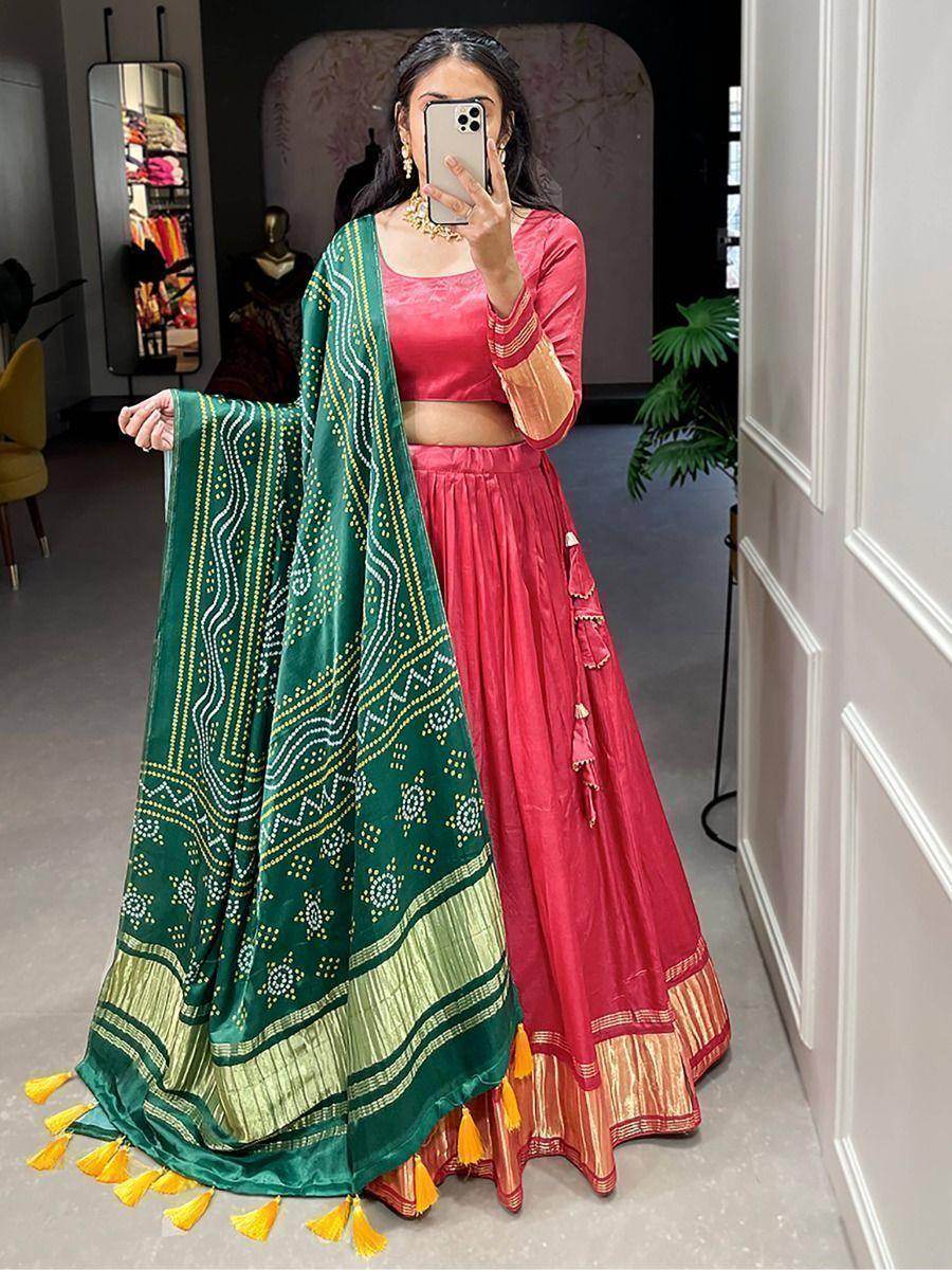 Cute Red Gaji Silk Traditional Lehenga Choli With Bandhani Dupatta - Zeel Clothing