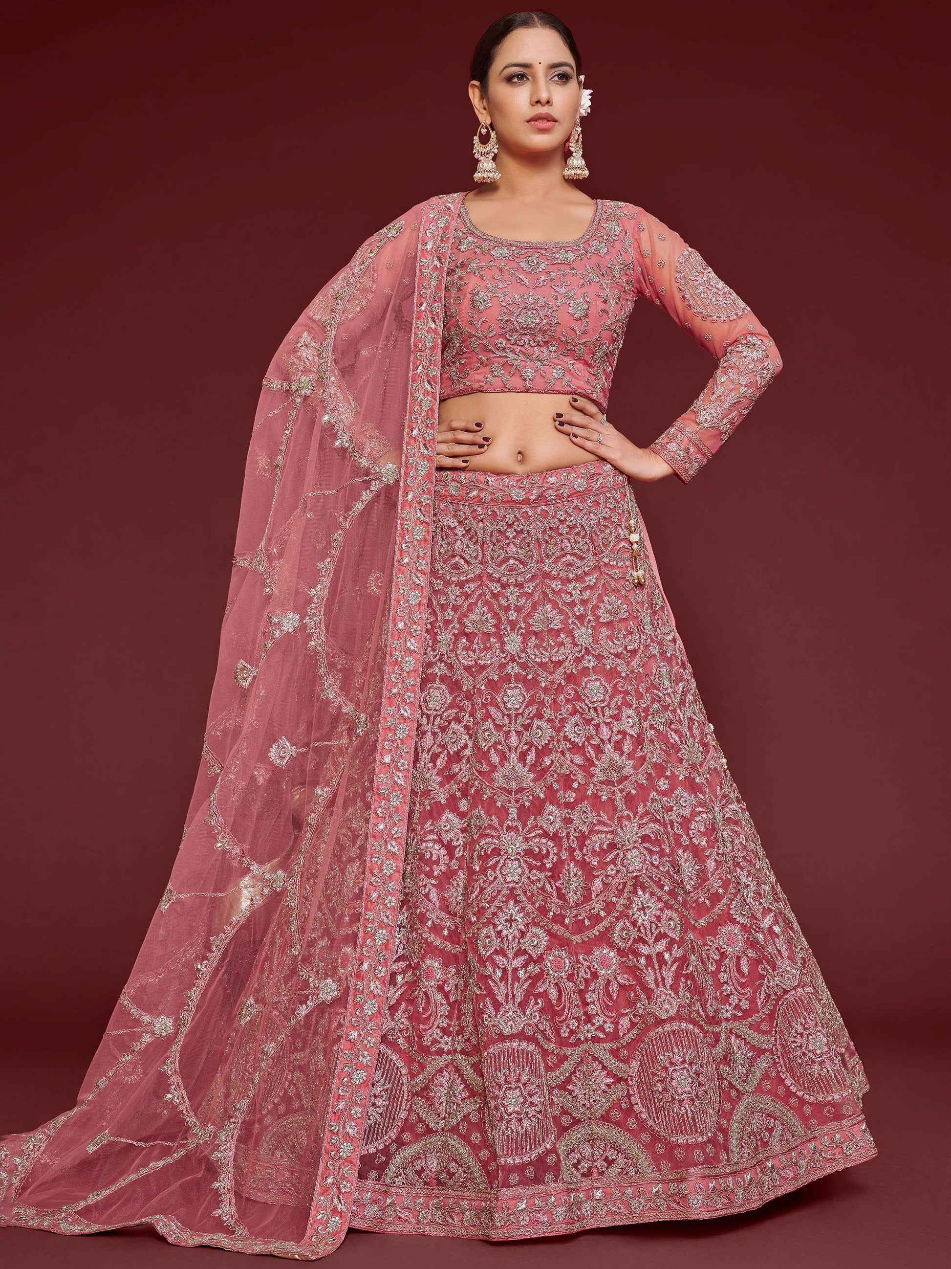 Cute Rose Pink Embroidered Soft Net Traditional Lehenga Choli - Zeel Clothing