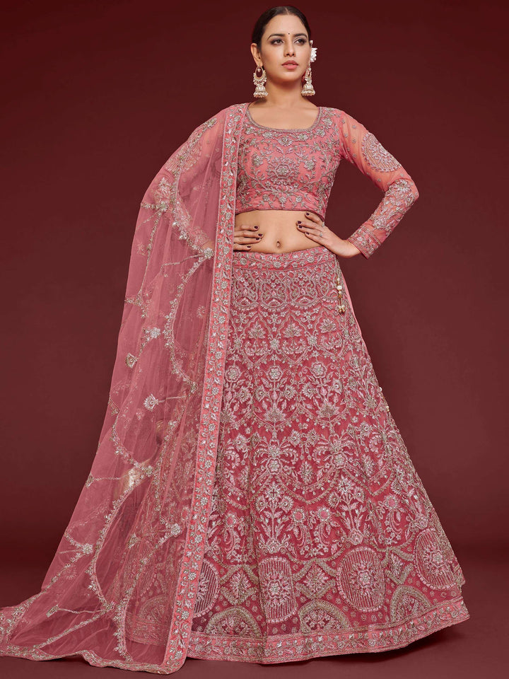 Cute Rose Pink Embroidered Soft Net Traditional Lehenga Choli - Zeel Clothing