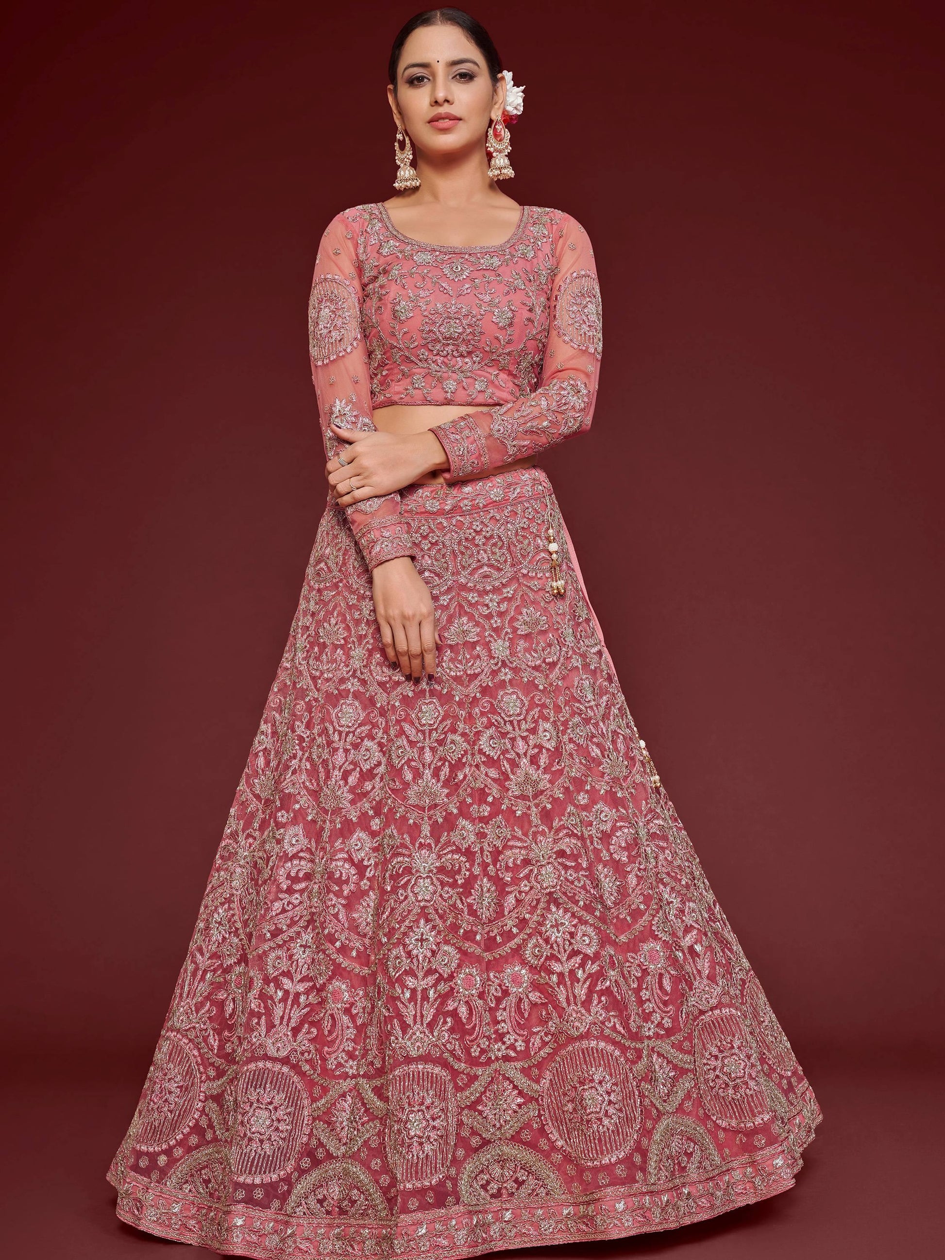 Cute Rose Pink Embroidered Soft Net Traditional Lehenga Choli - Zeel Clothing