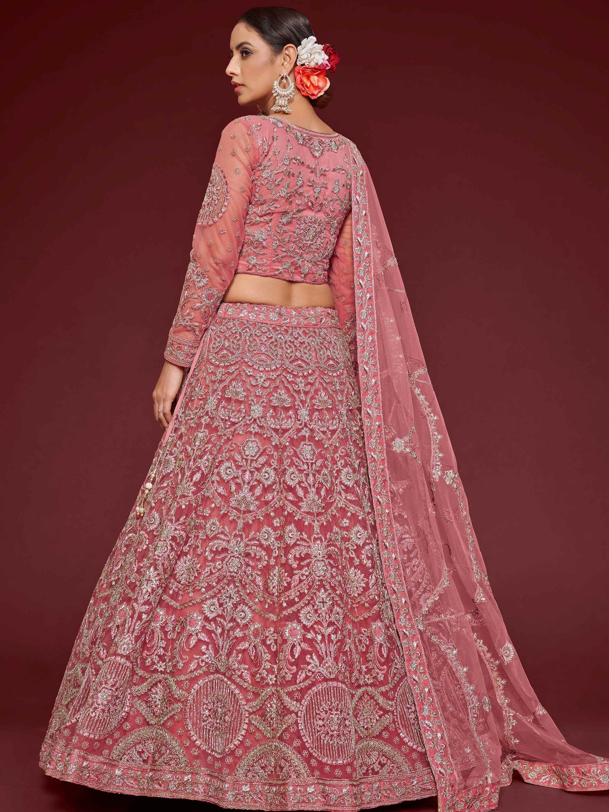 Cute Rose Pink Embroidered Soft Net Traditional Lehenga Choli - Zeel Clothing