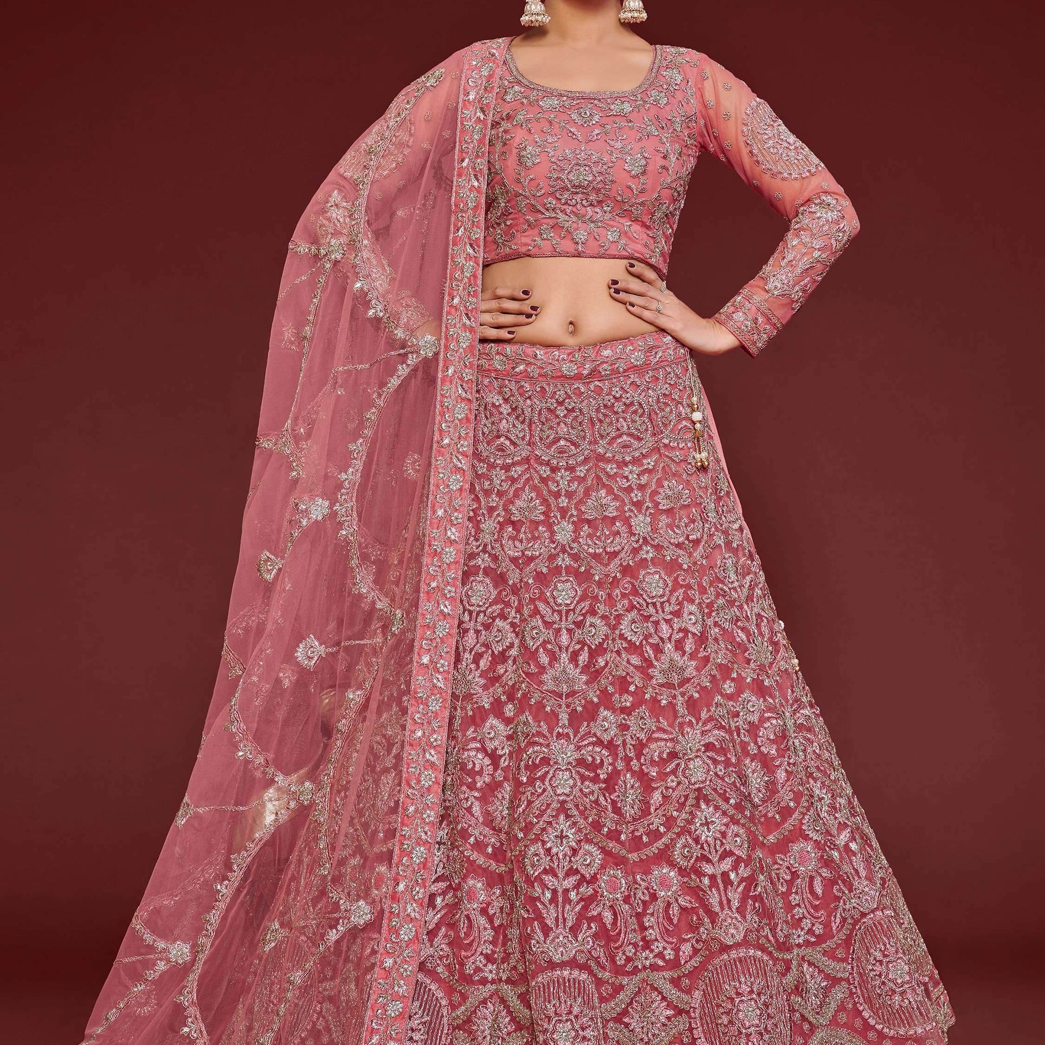 Cute Rose Pink Embroidered Soft Net Traditional Lehenga Choli - Zeel Clothing