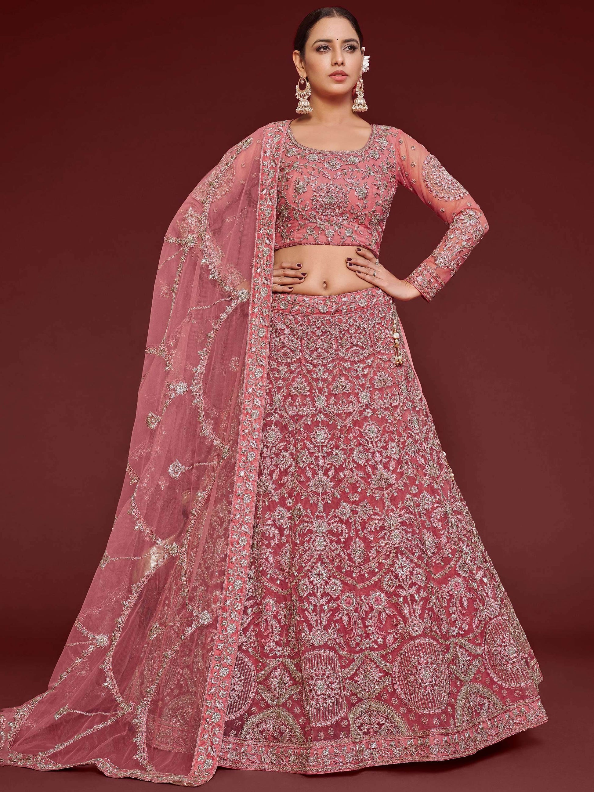 Cute Rose Pink Embroidered Soft Net Traditional Lehenga Choli - Zeel Clothing