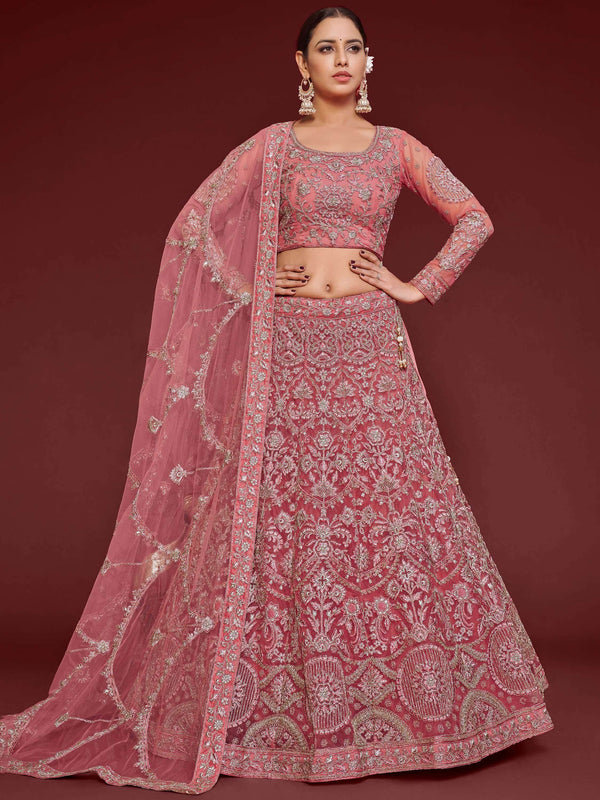 Cute Rose Pink Embroidered Soft Net Traditional Lehenga Choli - Zeel Clothing