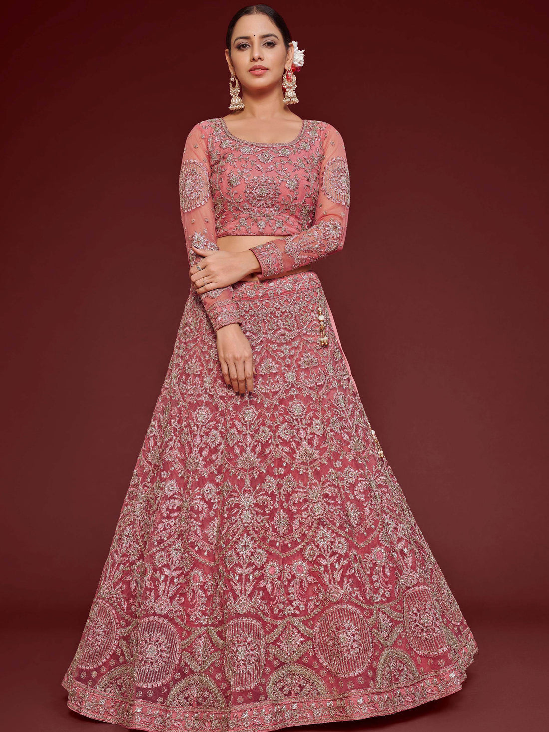Cute Rose Pink Embroidered Soft Net Traditional Lehenga Choli - Zeel Clothing