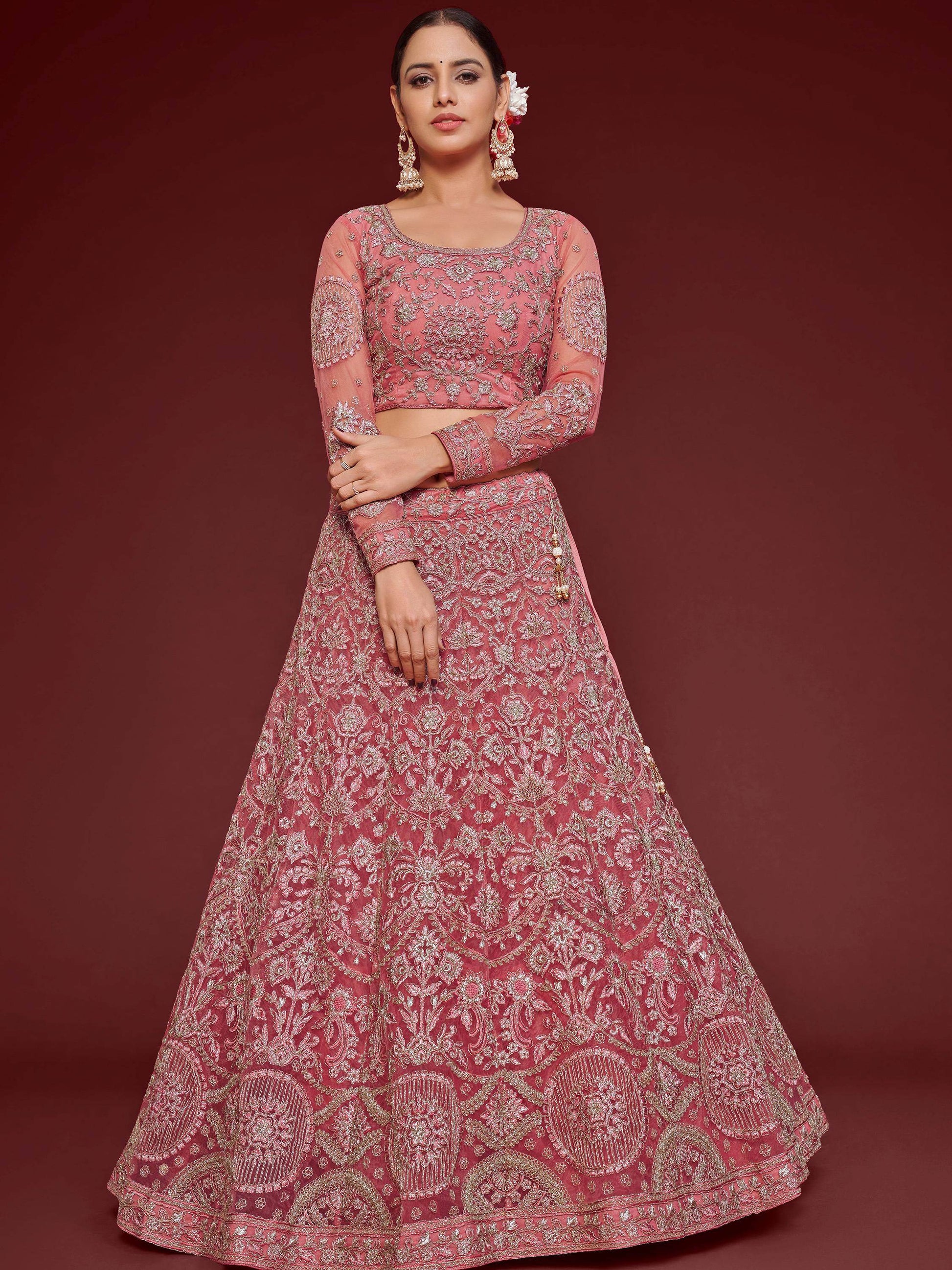 Cute Rose Pink Embroidered Soft Net Traditional Lehenga Choli - Zeel Clothing