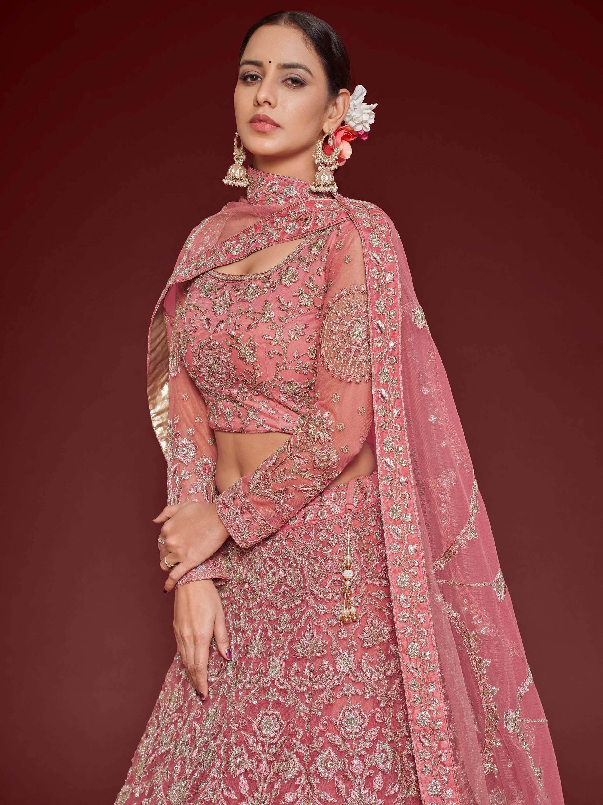 Cute Rose Pink Embroidered Soft Net Traditional Lehenga Choli - Zeel Clothing