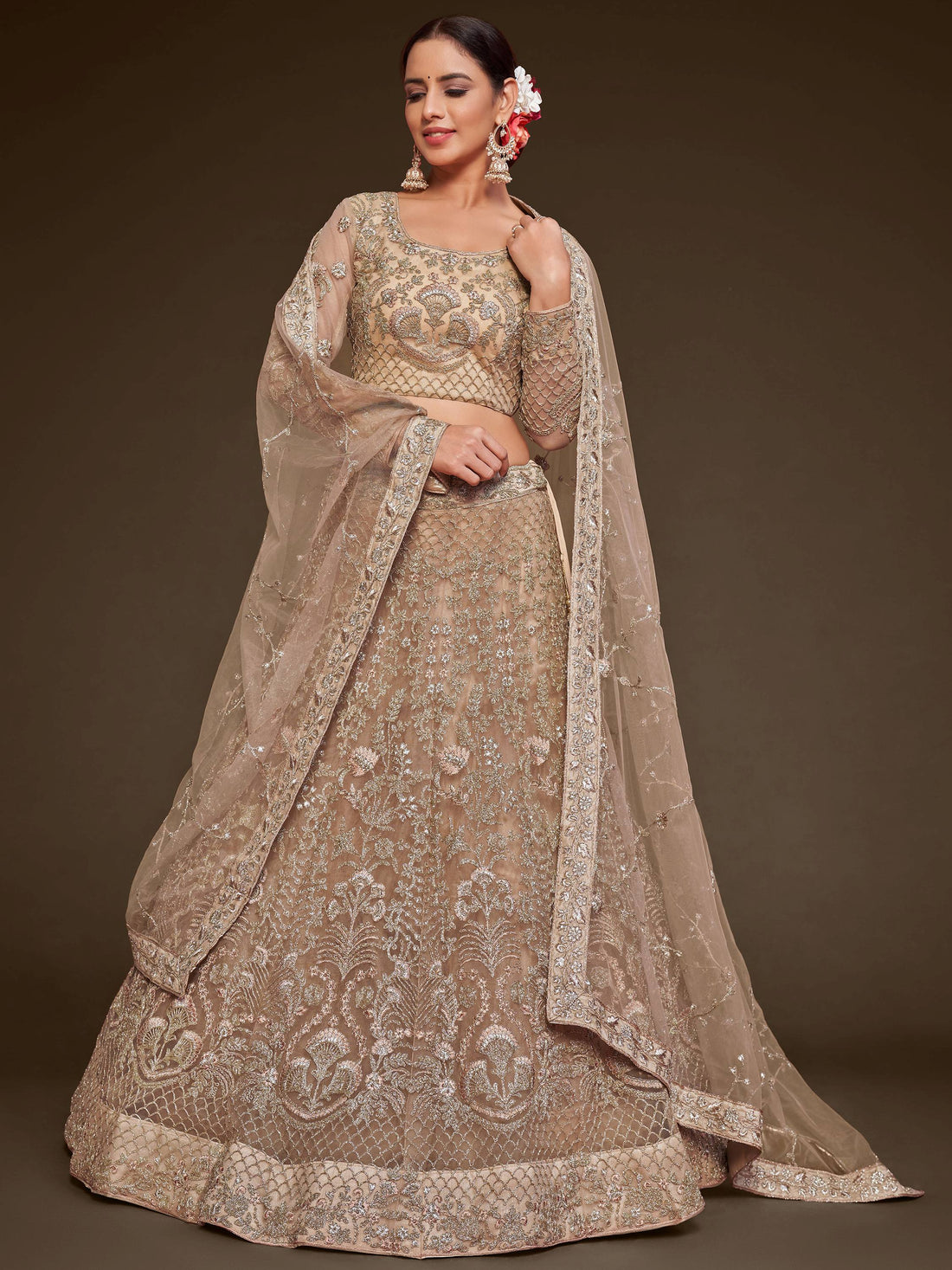 Cute Royal Beige Embroidered Soft Net Engagement Wear Lehenga Choli - Zeel Clothing