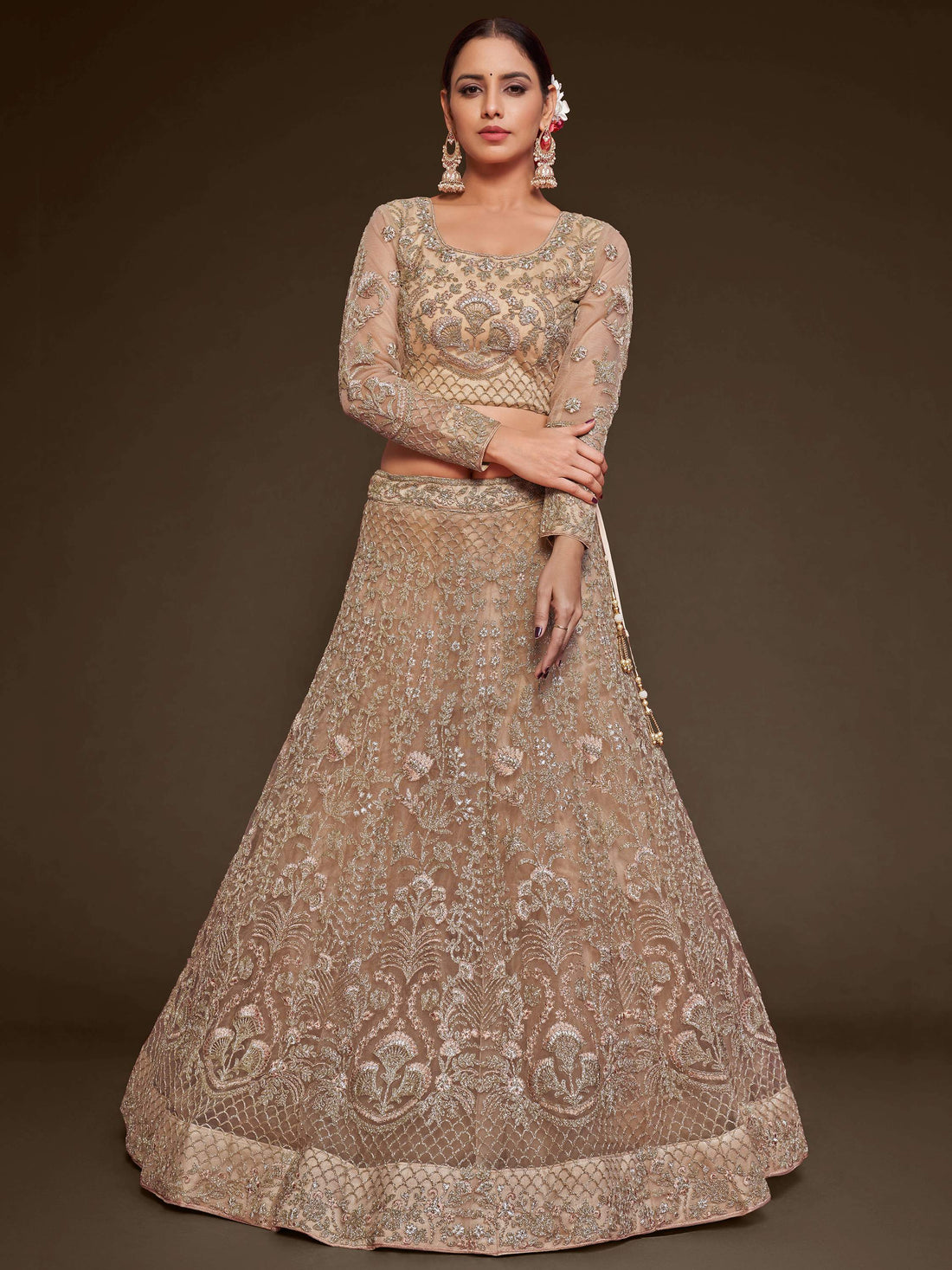 Cute Royal Beige Embroidered Soft Net Engagement Wear Lehenga Choli - Zeel Clothing
