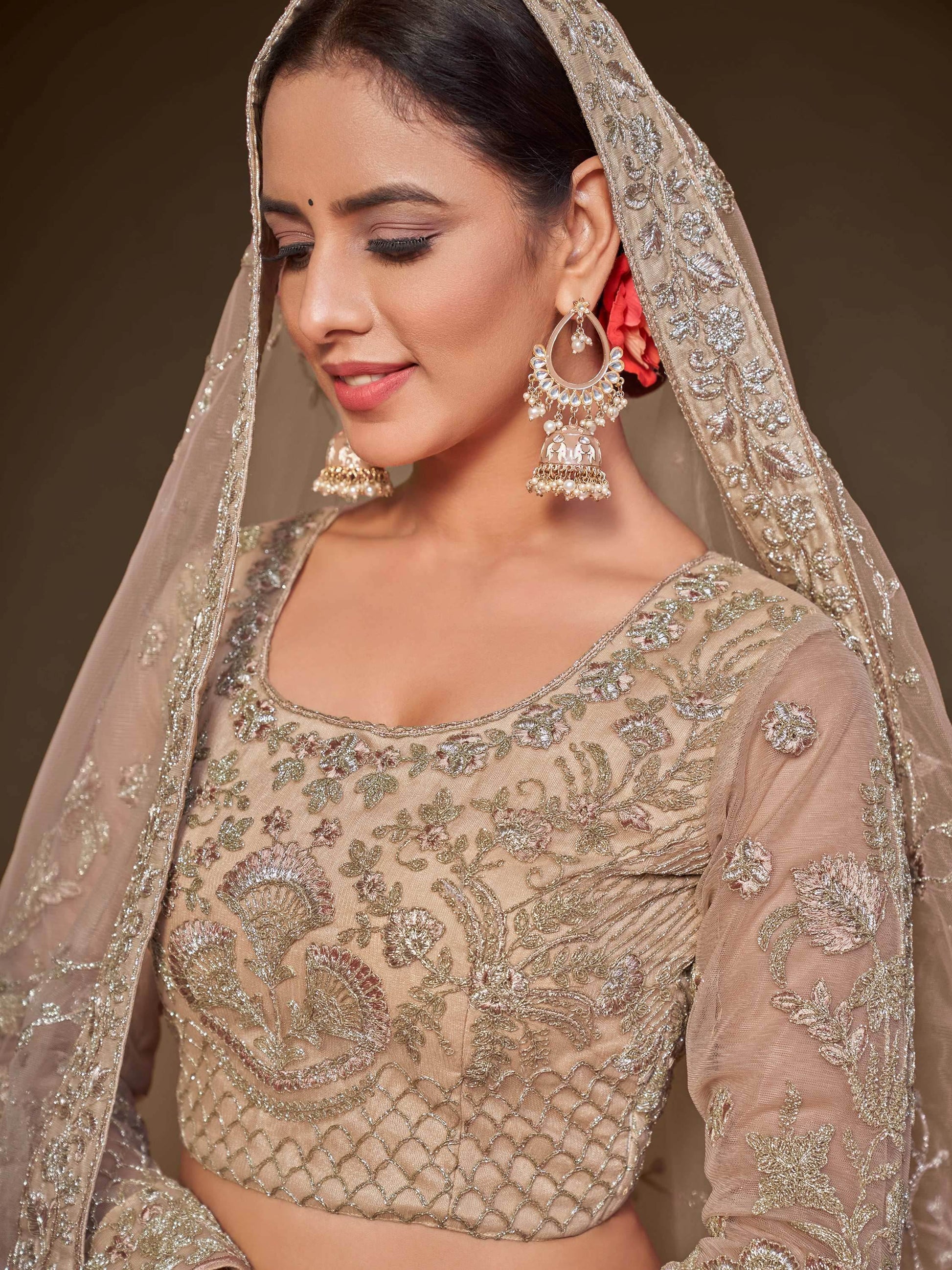 Cute Royal Beige Embroidered Soft Net Engagement Wear Lehenga Choli - Zeel Clothing