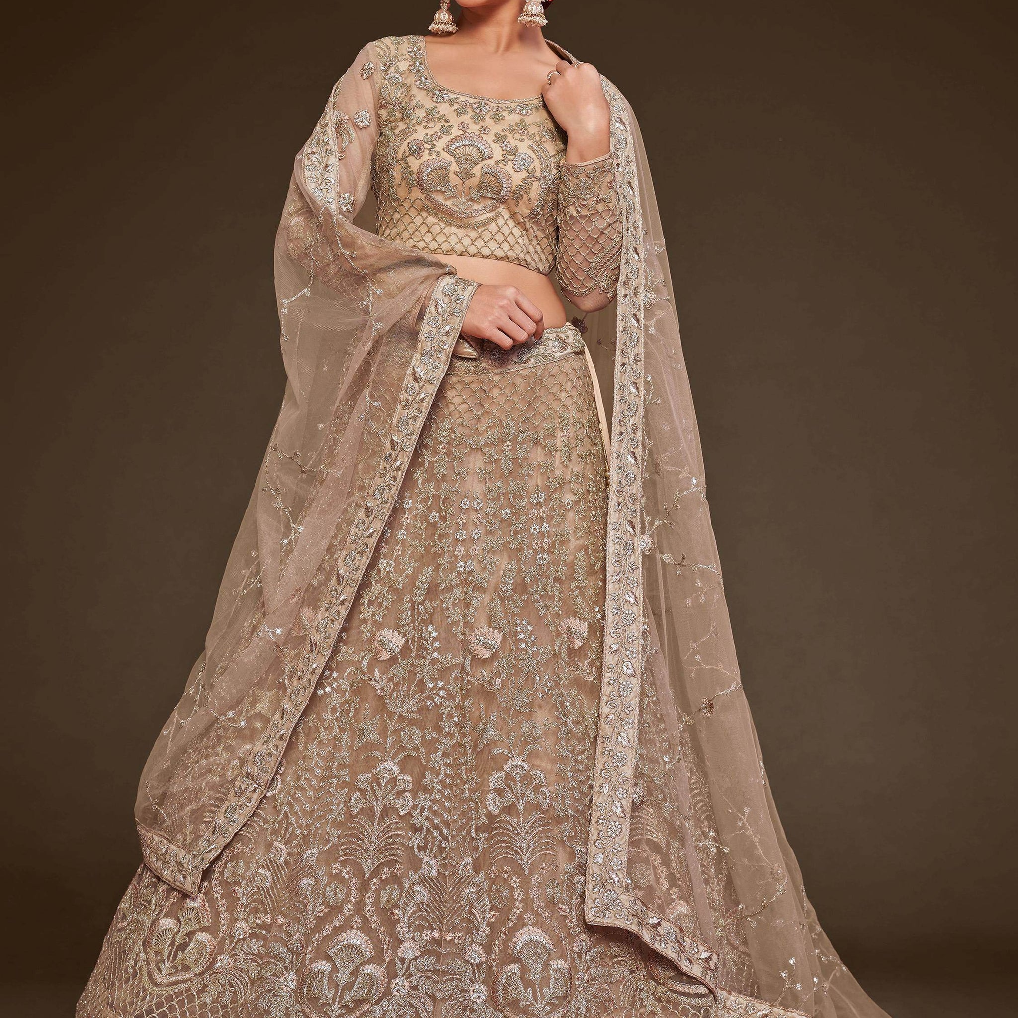 Cute Royal Beige Embroidered Soft Net Engagement Wear Lehenga Choli - Zeel Clothing