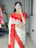 Eye-Catching White Printed Silk Puja Special Saree With Red Blouse