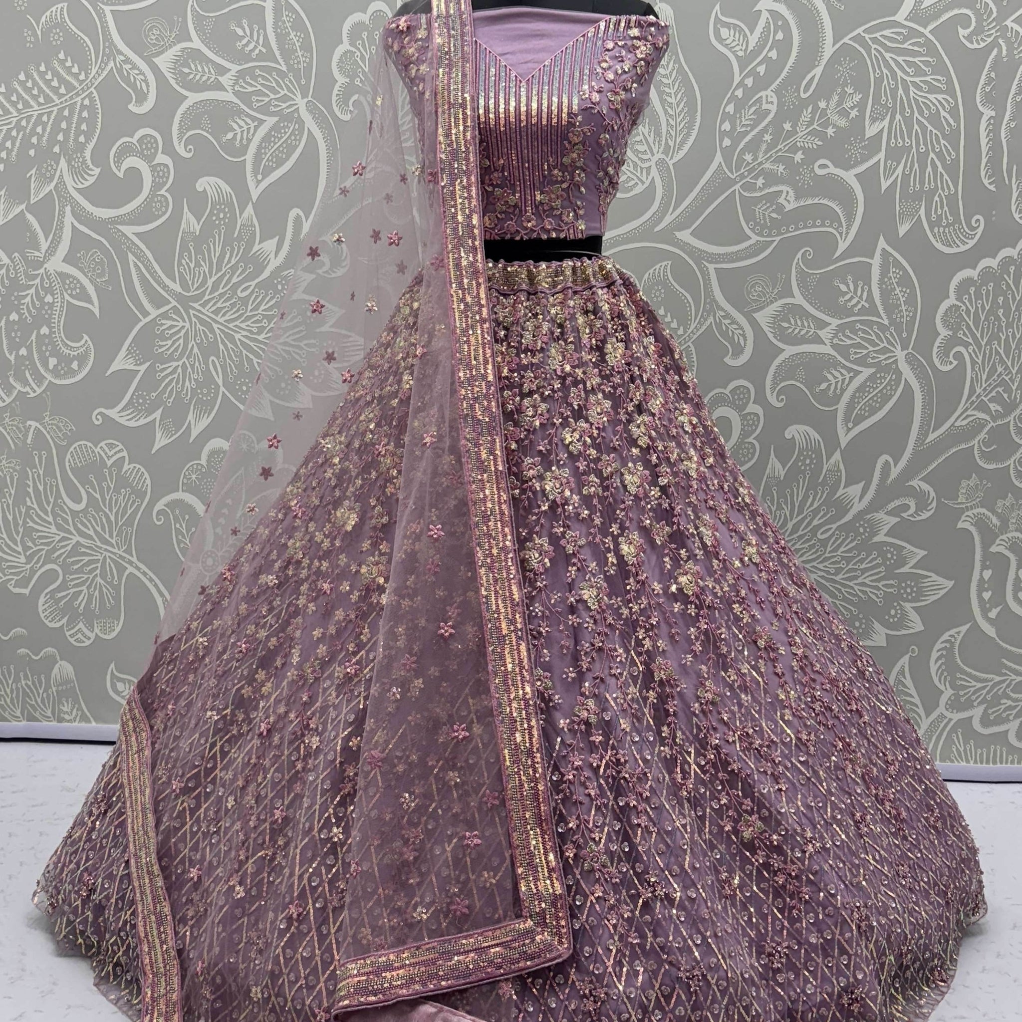 Excellent Mauve Zari Embroidery Net Reception Lehenga Choli With Dupatta