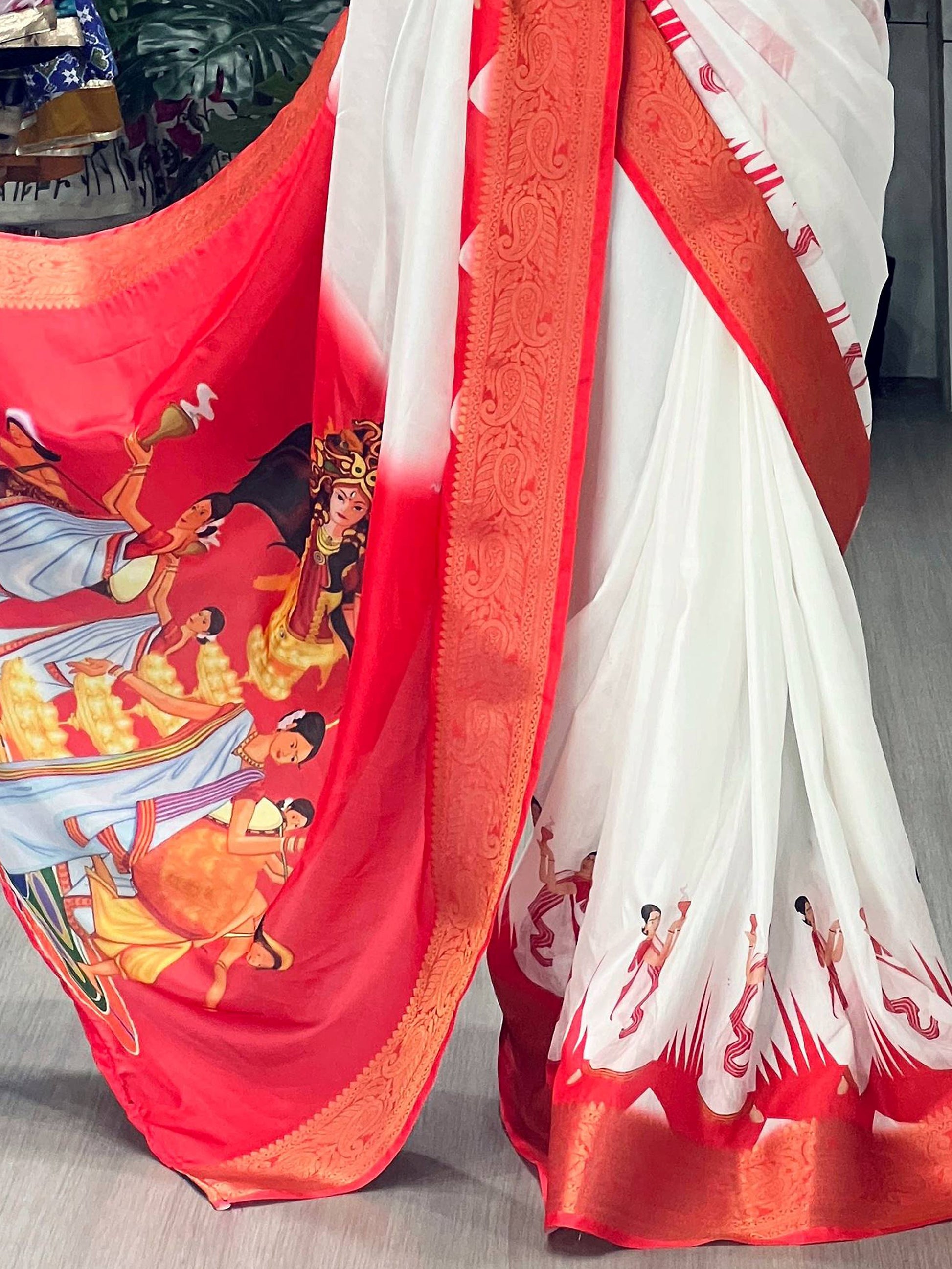 Eye-Catching White Printed Silk Puja Special Saree With Red Blouse