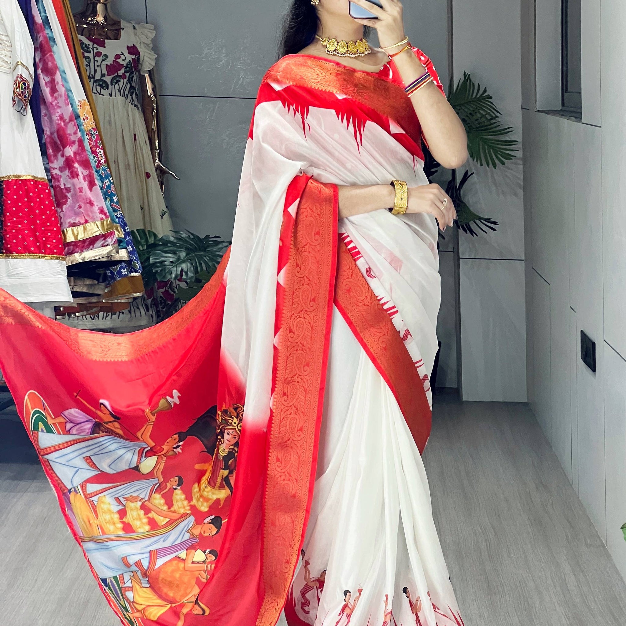 Eye-Catching White Printed Silk Puja Special Saree With Red Blouse