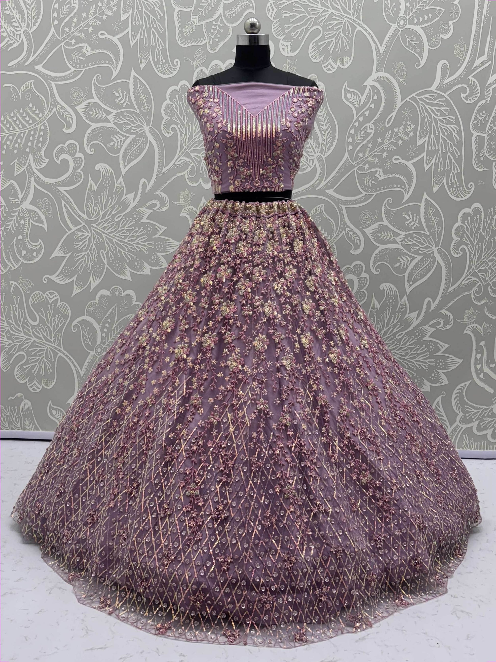 Excellent Mauve Zari Embroidery Net Reception Lehenga Choli With Dupatta