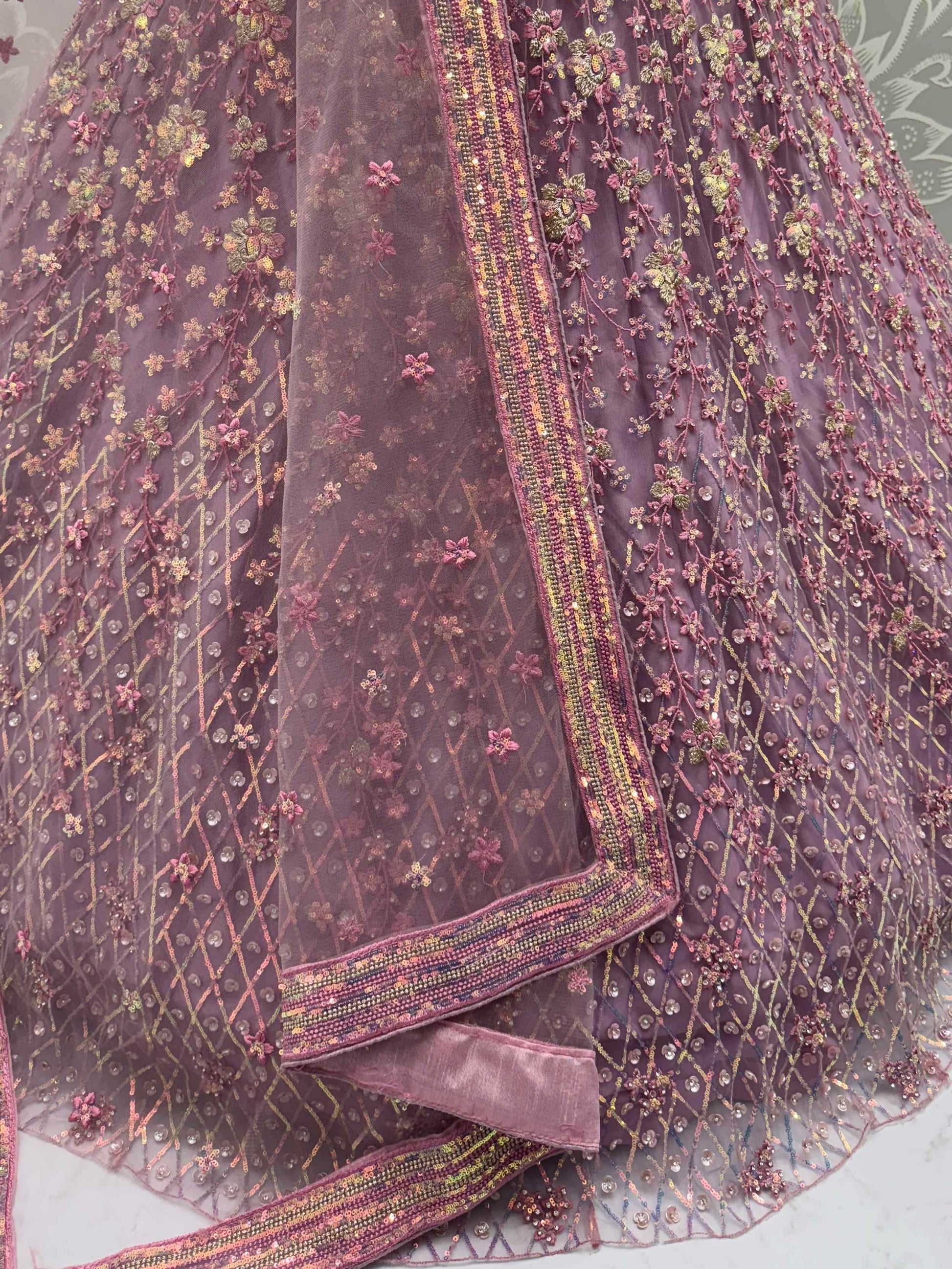 Excellent Mauve Zari Embroidery Net Reception Lehenga Choli With Dupatta