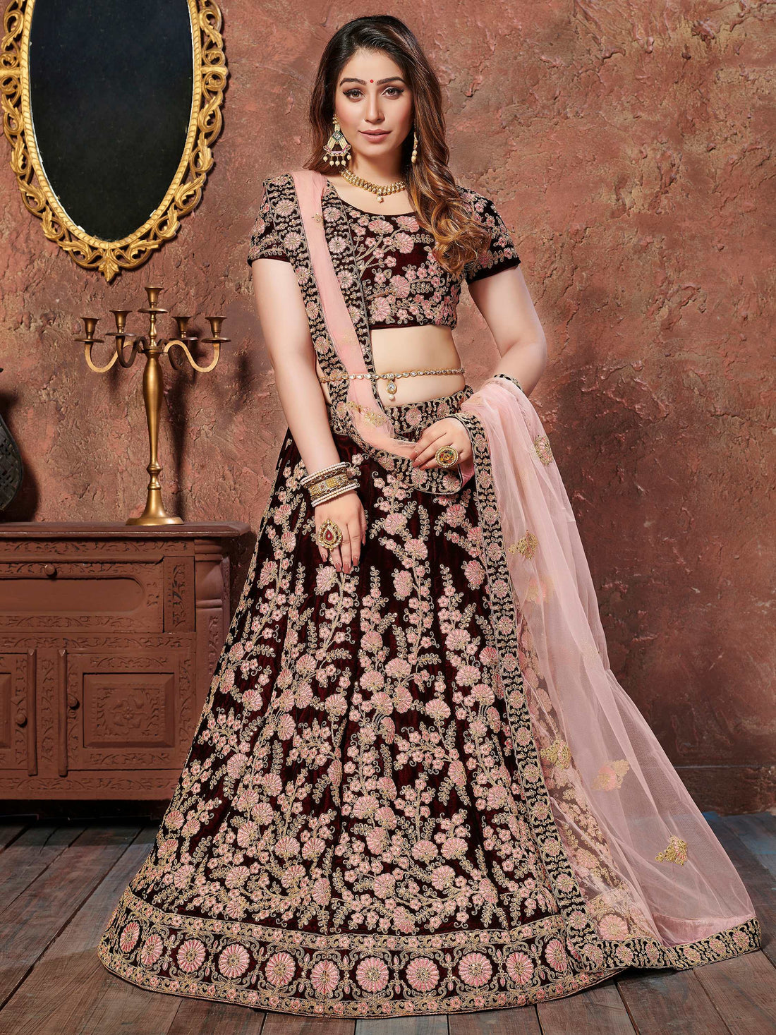 Dark Maroon Thread Embroidery Velvet Silk Bridal Lehenga Choli - Zeel Clothing