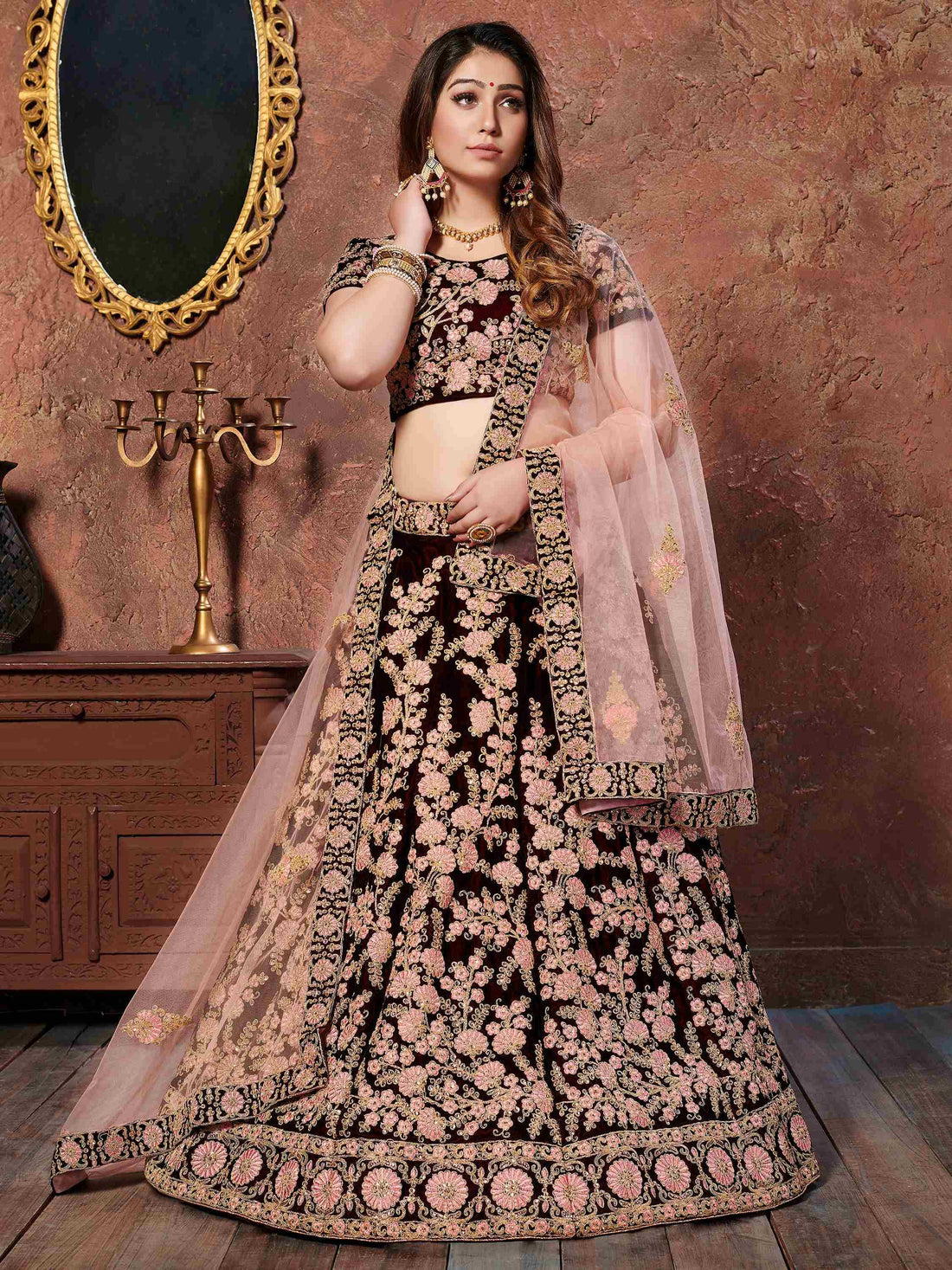 Dark Maroon Thread Embroidery Velvet Silk Bridal Lehenga Choli - Zeel Clothing