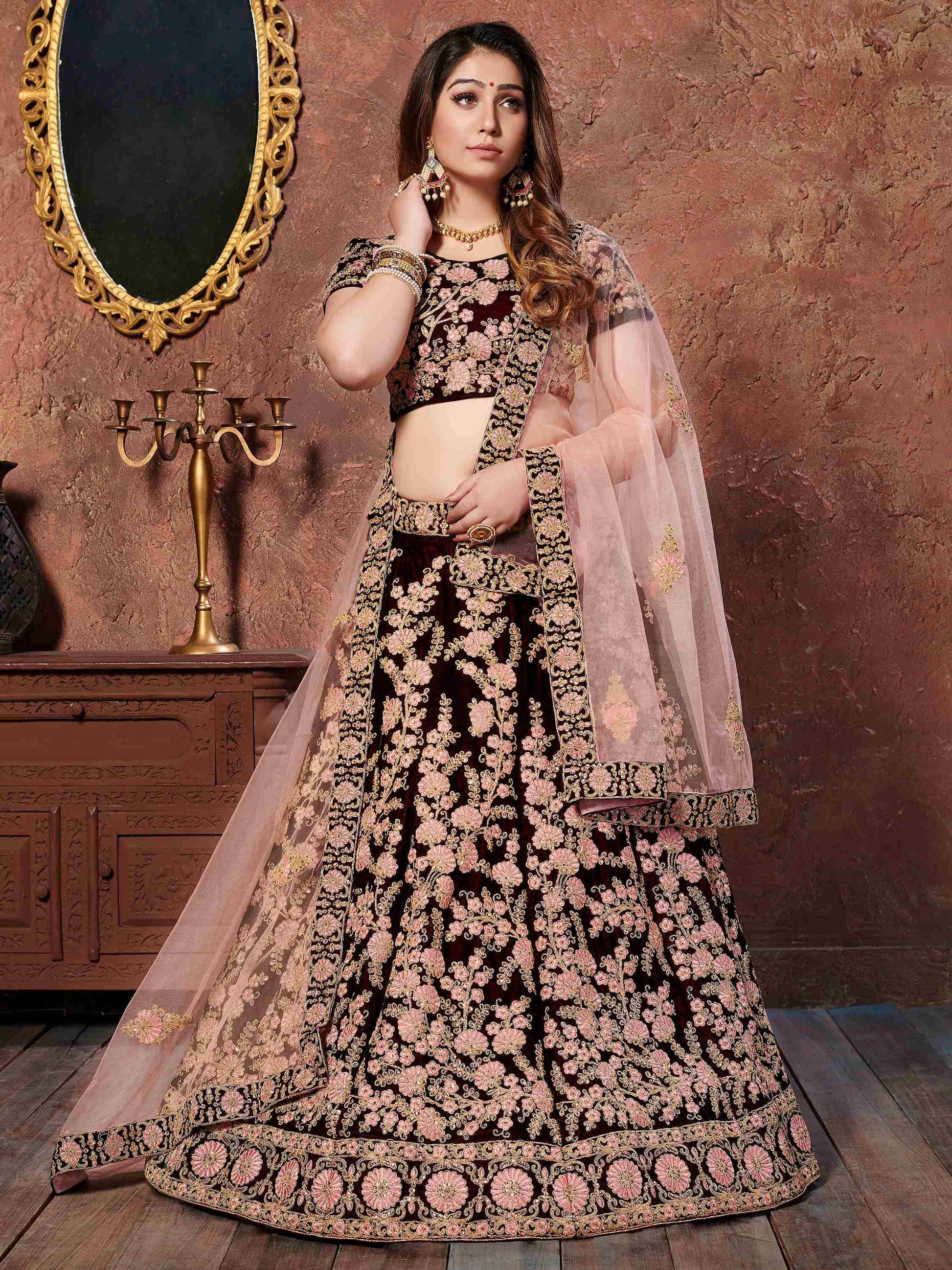 Dark Maroon Thread Embroidery Velvet Silk Bridal Lehenga Choli - Zeel Clothing