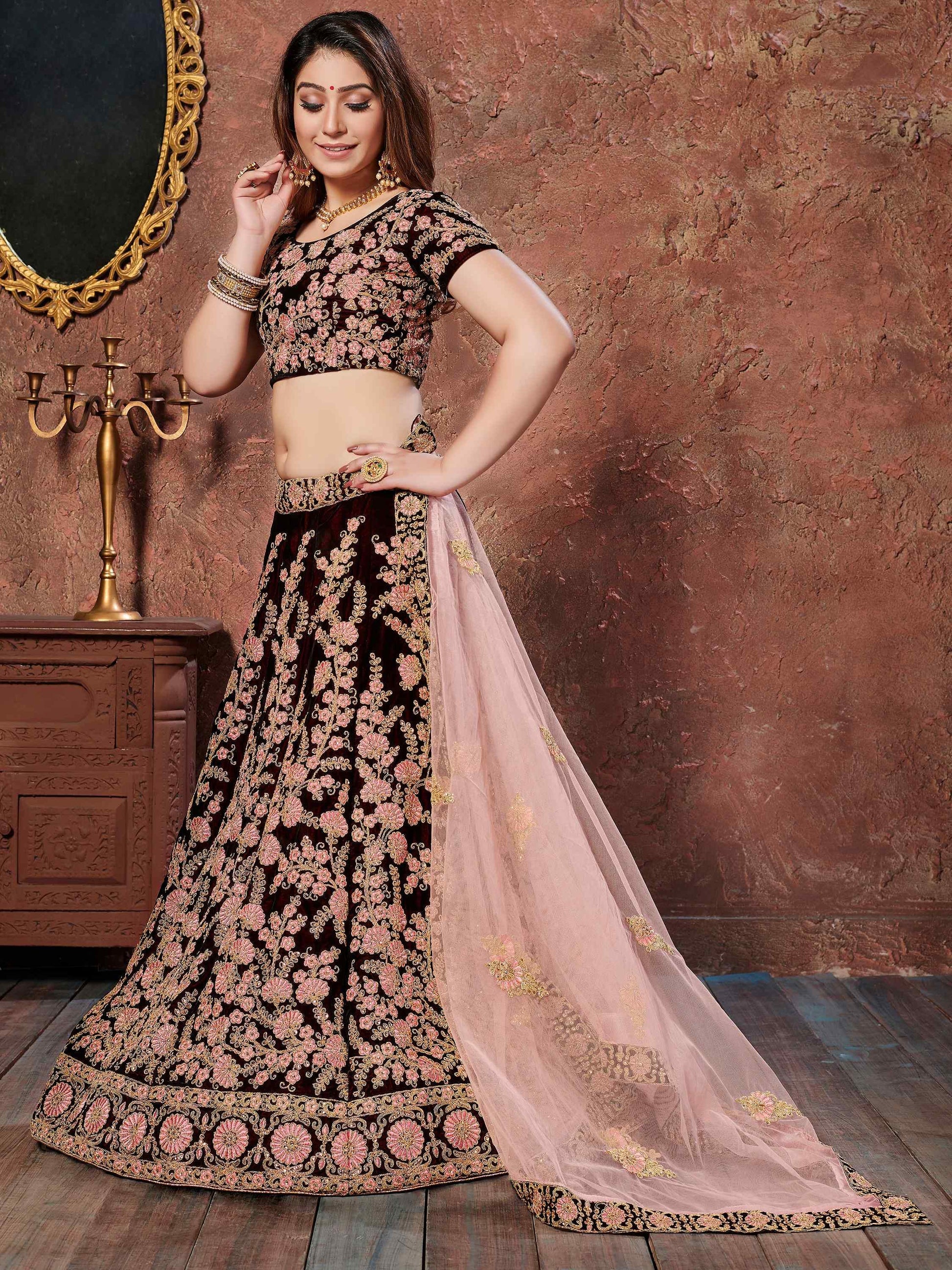 Dark Maroon Thread Embroidery Velvet Silk Bridal Lehenga Choli - Zeel Clothing