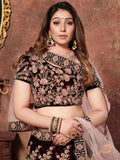 Dark Maroon Thread Embroidery Velvet Silk Bridal Lehenga Choli - Zeel Clothing