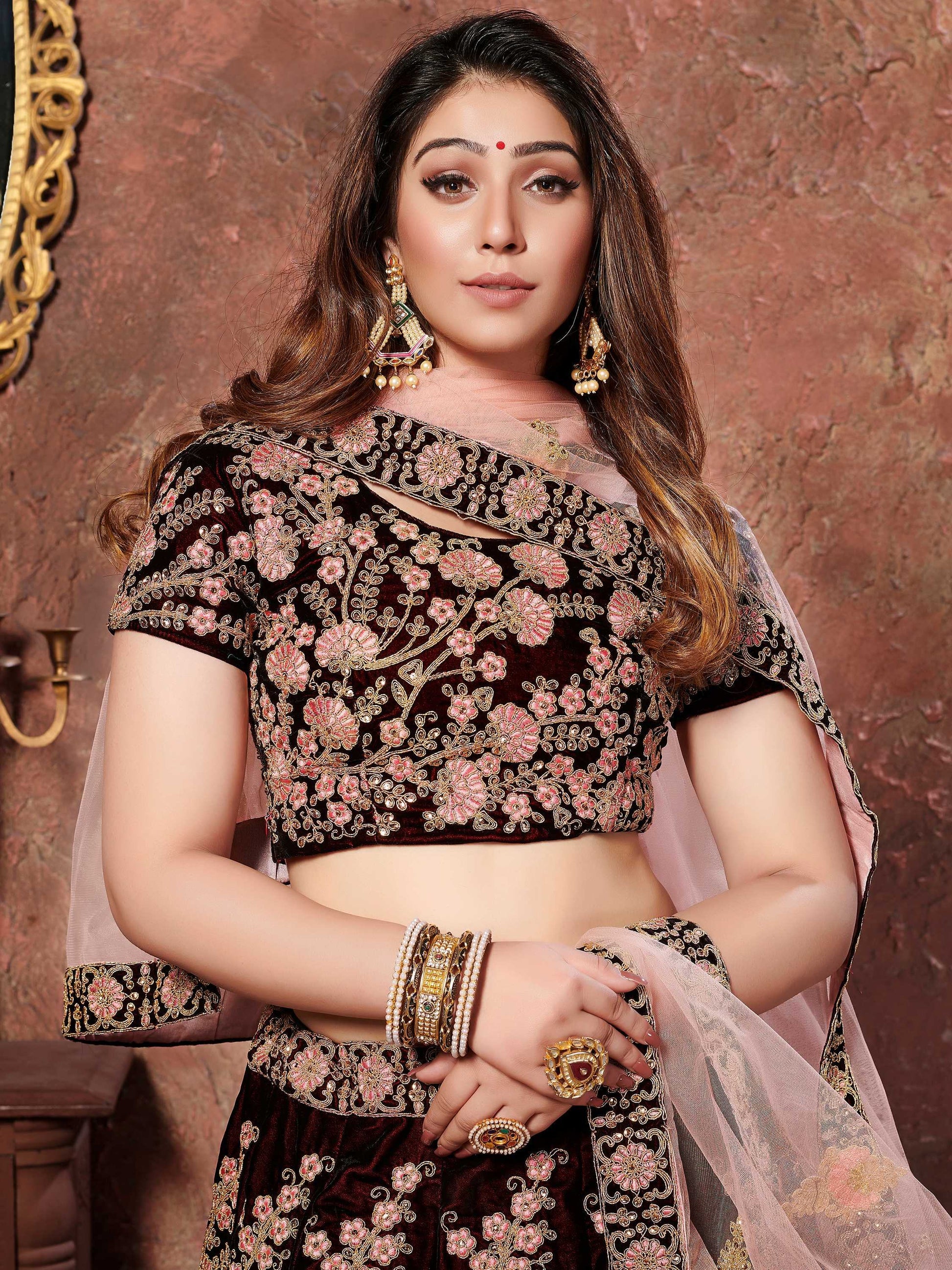 Dark Maroon Thread Embroidery Velvet Silk Bridal Lehenga Choli - Zeel Clothing
