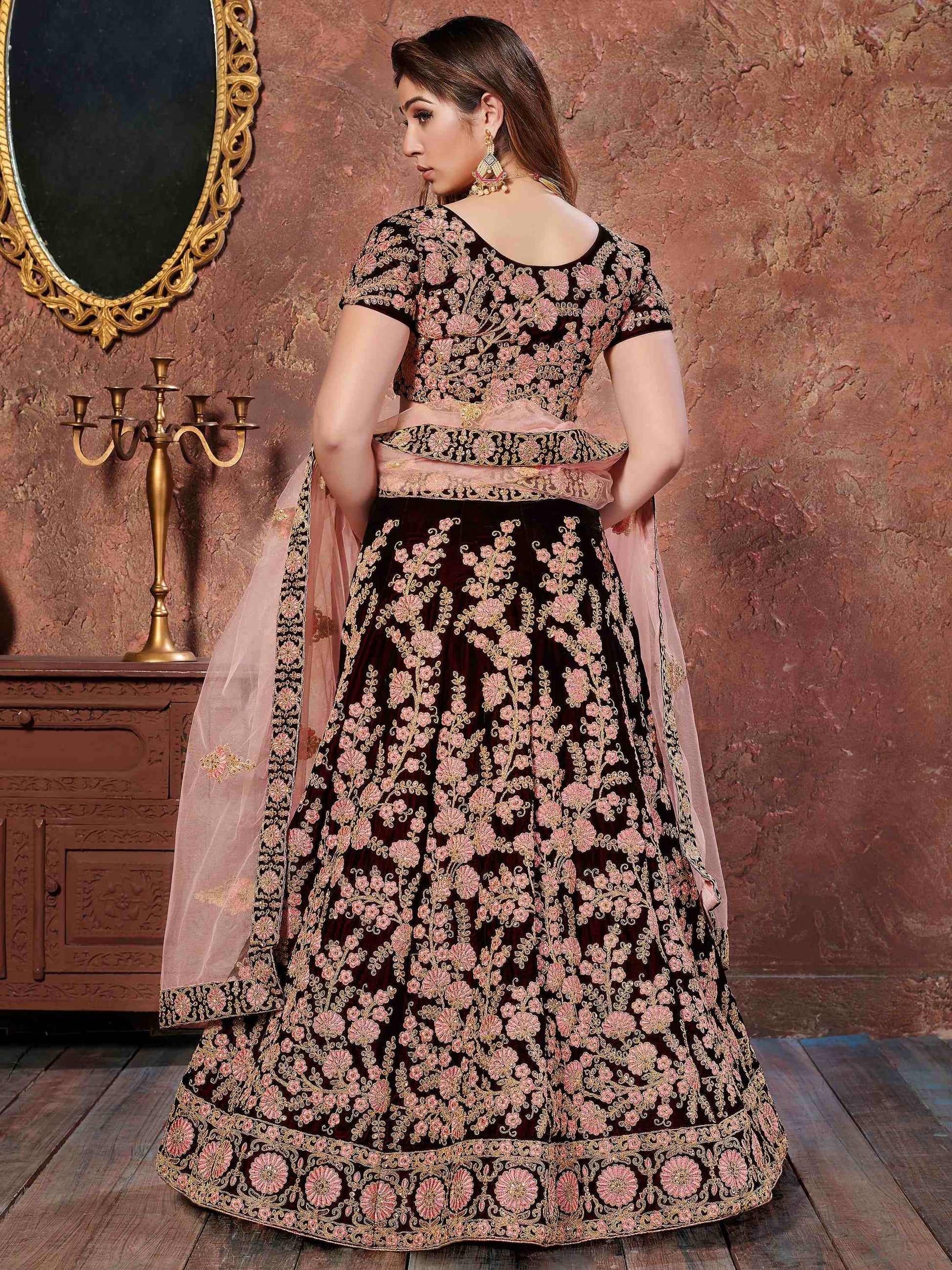 Dark Maroon Thread Embroidery Velvet Silk Bridal Lehenga Choli - Zeel Clothing
